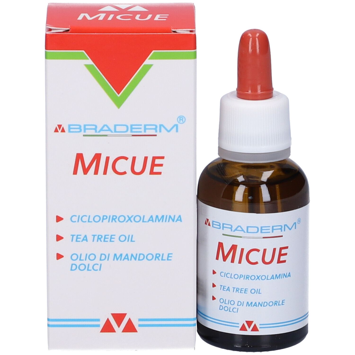 Braderm Micue. Bottiglia e confezione. Bottiglia marrone con pipetta rossa. Confezione con nome del prodotto.