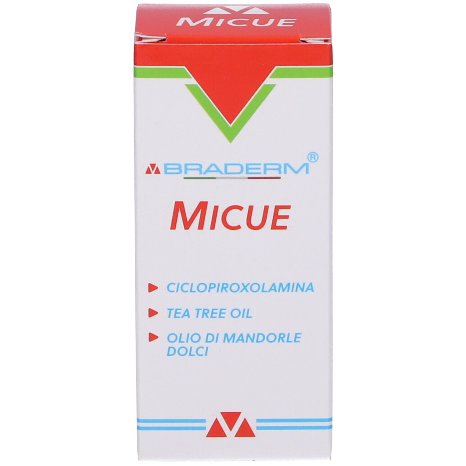 Braderm Micue. Confezione bianca con coperchio rosso. Nome del prodotto e ingredienti stampati.