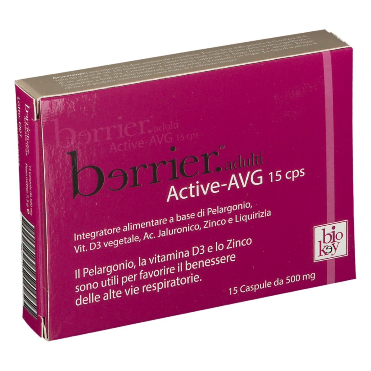Scatola rosa "berrier.adulti Active-AVG 15 cps". Integratore alimentare. Logo "bio key".