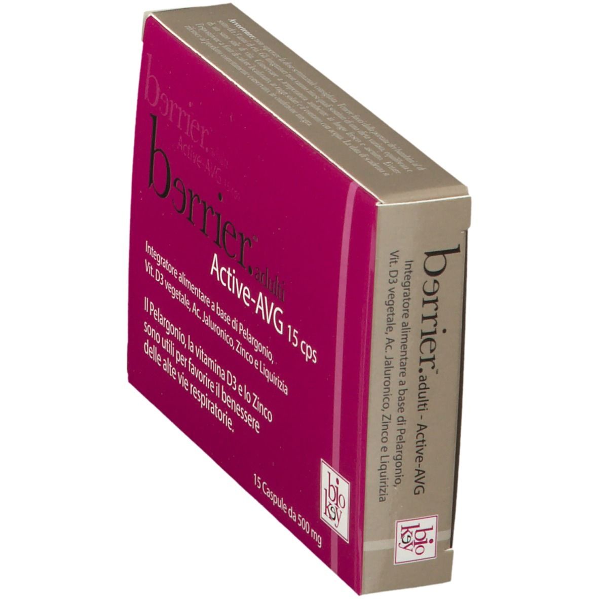 Scatola "berrier.adulti Active-AVG 15 cps" in prospettiva. Colori rosa e grigio. Logo "bio key".