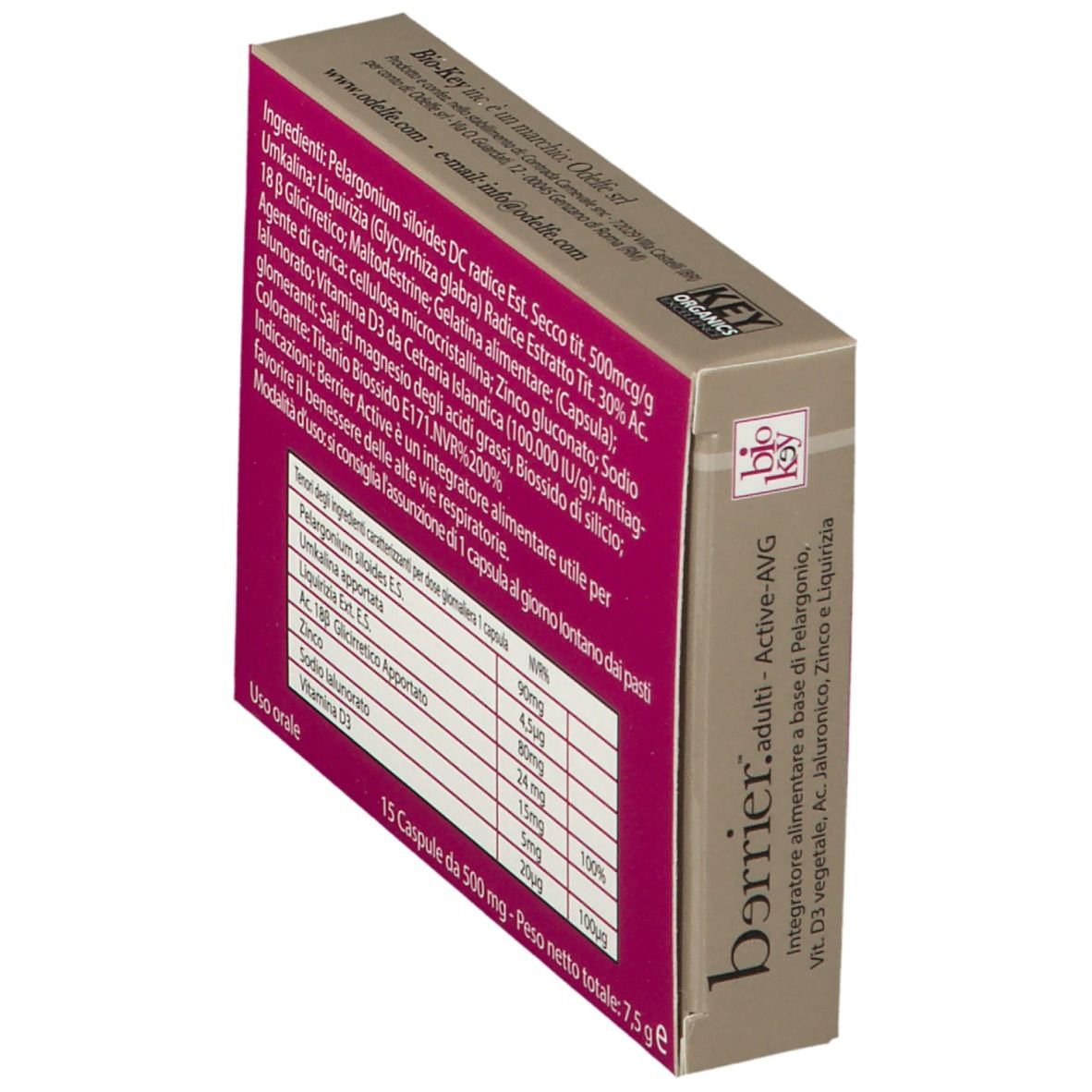 Scatola "berrier.adulti Active-AVG" in prospettiva. Retro con ingredienti. Logo "bio key".