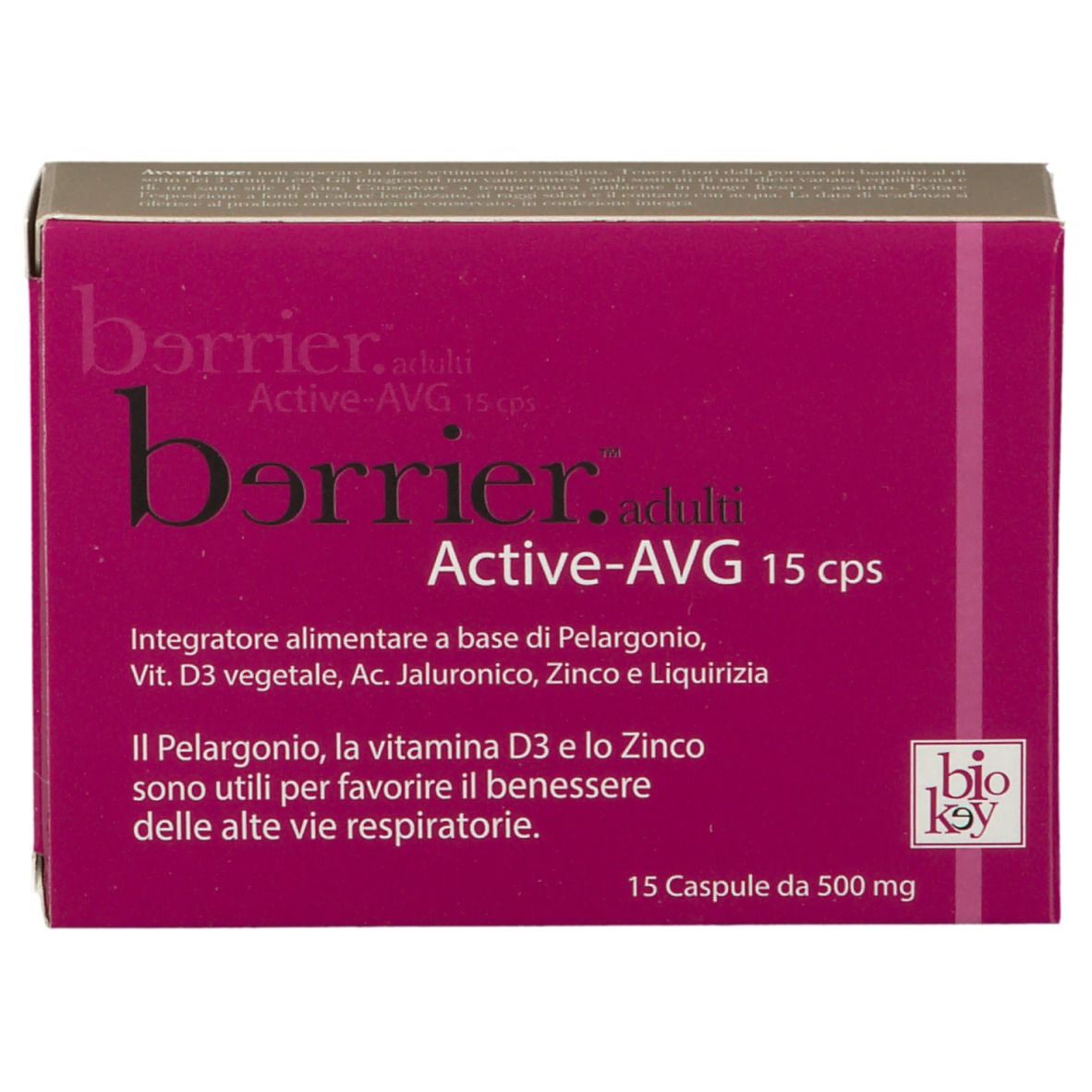 Scatola rosa "berrier.adulti Active-AVG 15 cps". Integratore alimentare. Logo "bio key".
