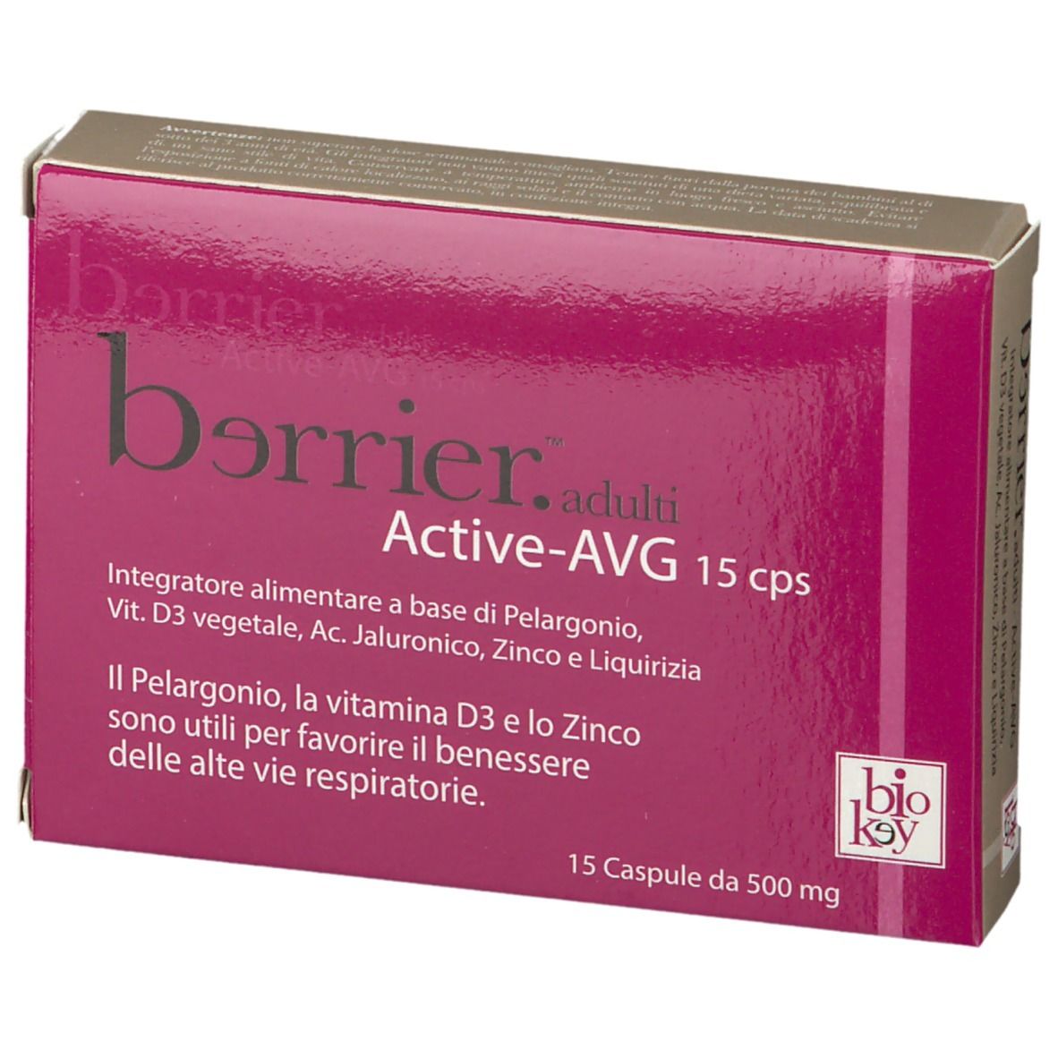 Scatola rosa "berrier.adulti Active-AVG 15 cps". Integratore alimentare. Logo "bio key".