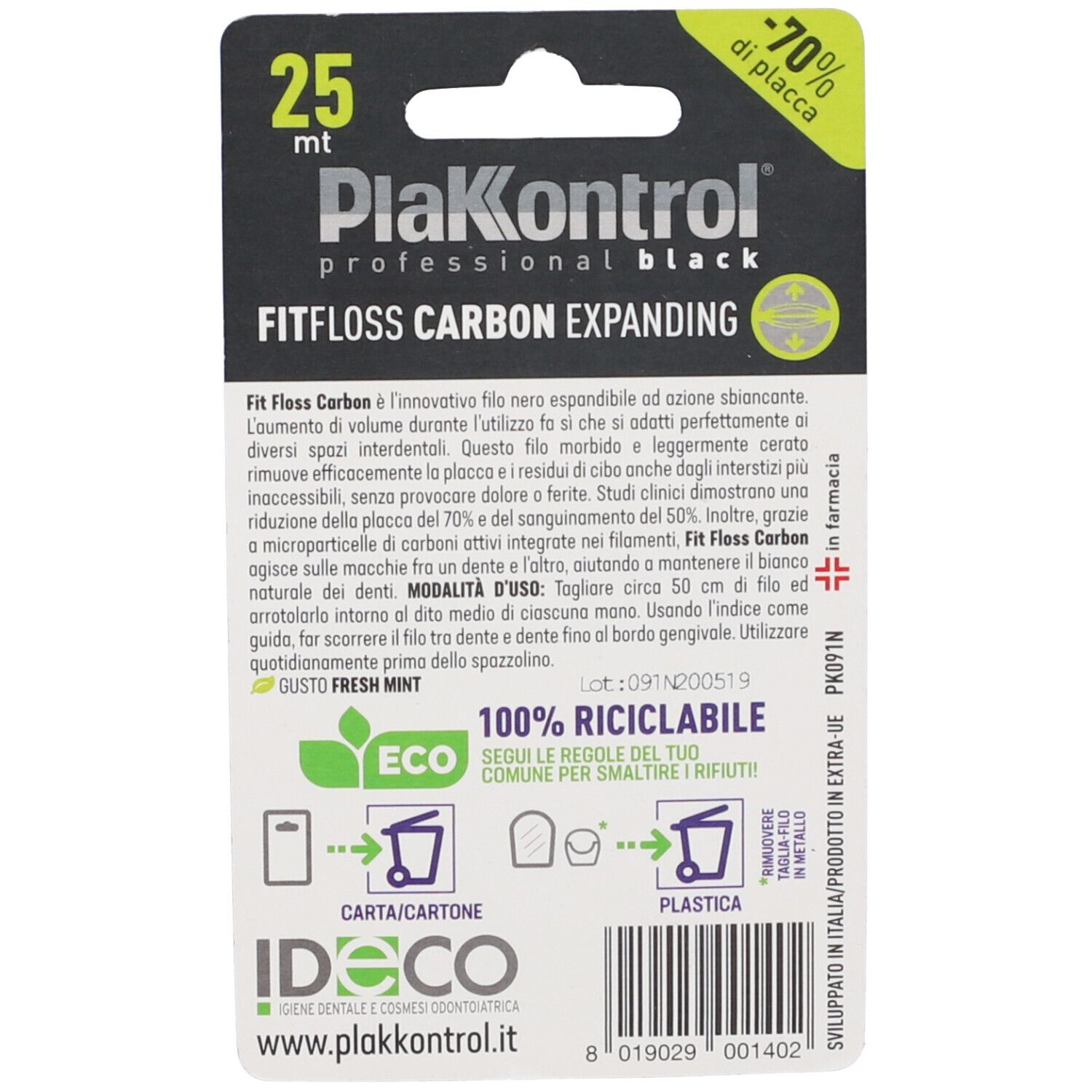 PlaKontrol FitFloss Carbon Expanding Zahnseide, 25m, schwarz.