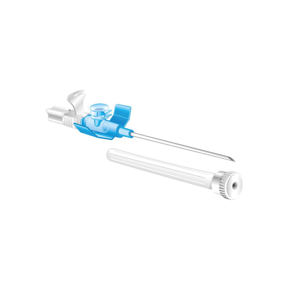 Catetere con chiusura blu e corpo bianco. Dispositivo medico sterile con ago.