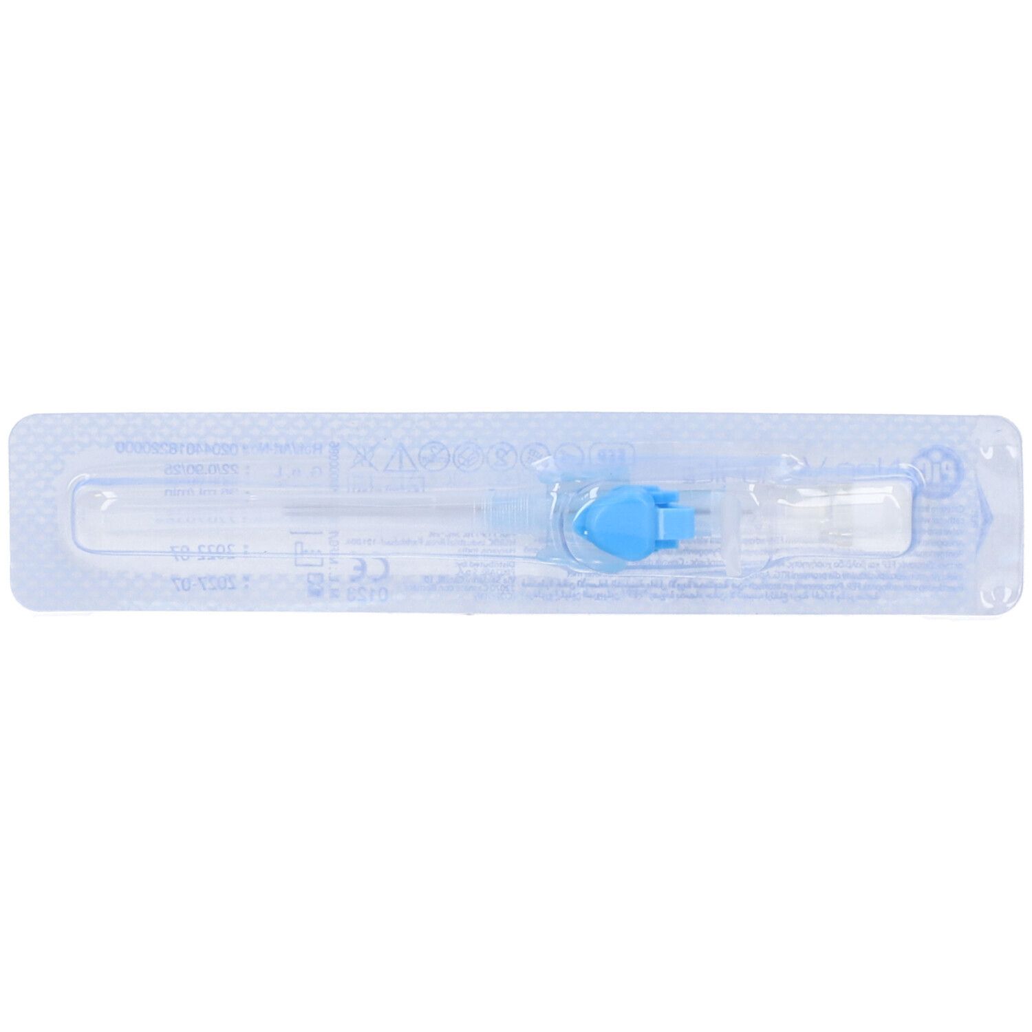 Confezione di catetere medico. Confezione blister con chiusura blu visibile.