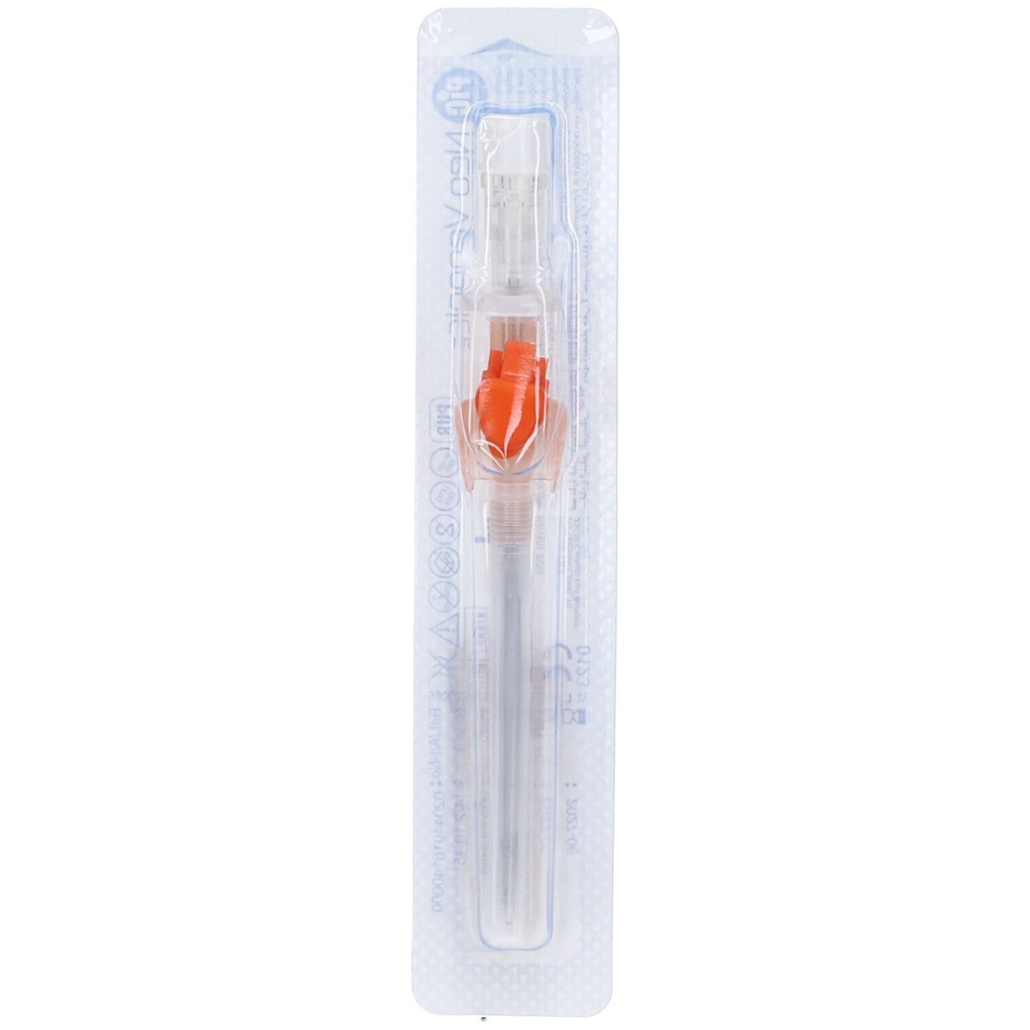 Cannula trasparente con chiusura arancione in confezione blister. Indicazioni di dimensioni visibili.