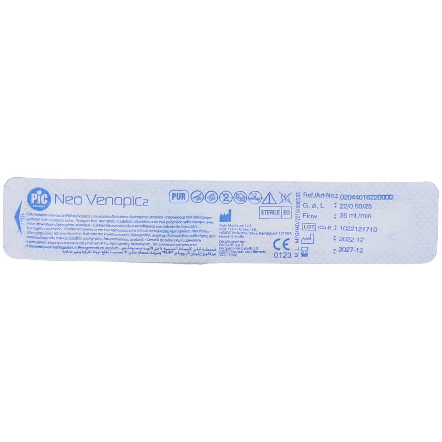 Confezione con informazioni prodotto. Testo: Neo Venopica, PUR, sterile EO. Marchio CE.