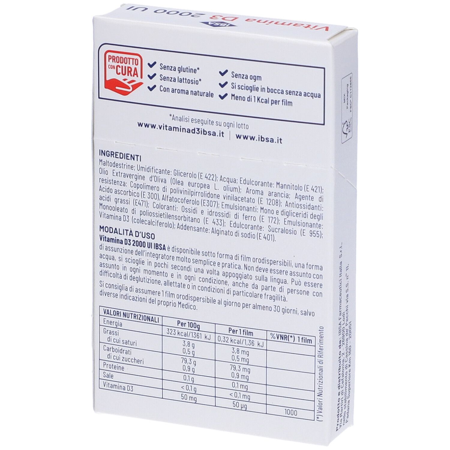 Retro della confezione IBSA Vitamina D3 2000 UI. Contiene ingredienti, modalità d'uso e informazioni nutrizionali.