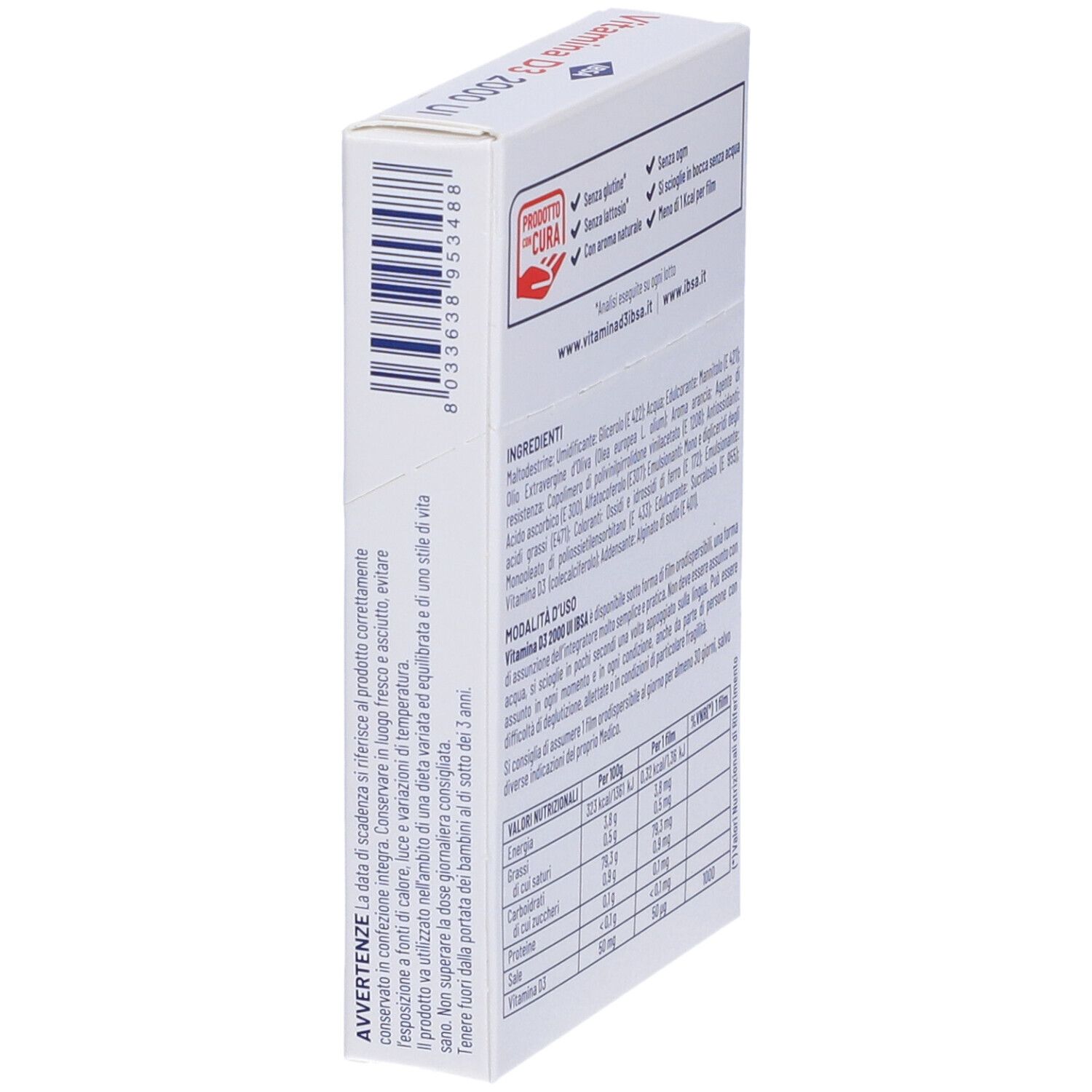 Vista laterale della confezione IBSA Vitamina D3 2000 UI. Contiene testo e informazioni nutrizionali.