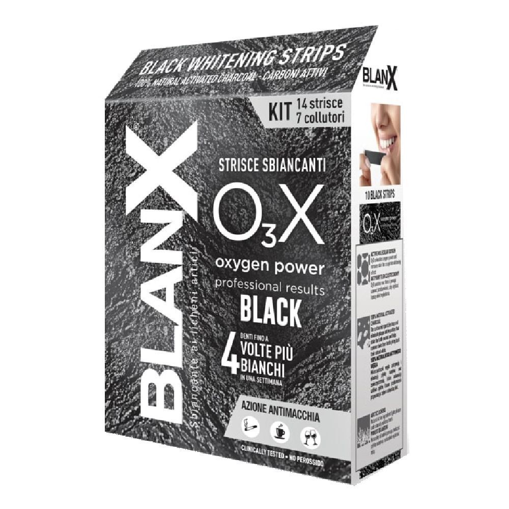Strisce sbiancanti nere in scatola. Contiene 14 strisce e 7 collutori. Marchio Blanx, O3X Black.