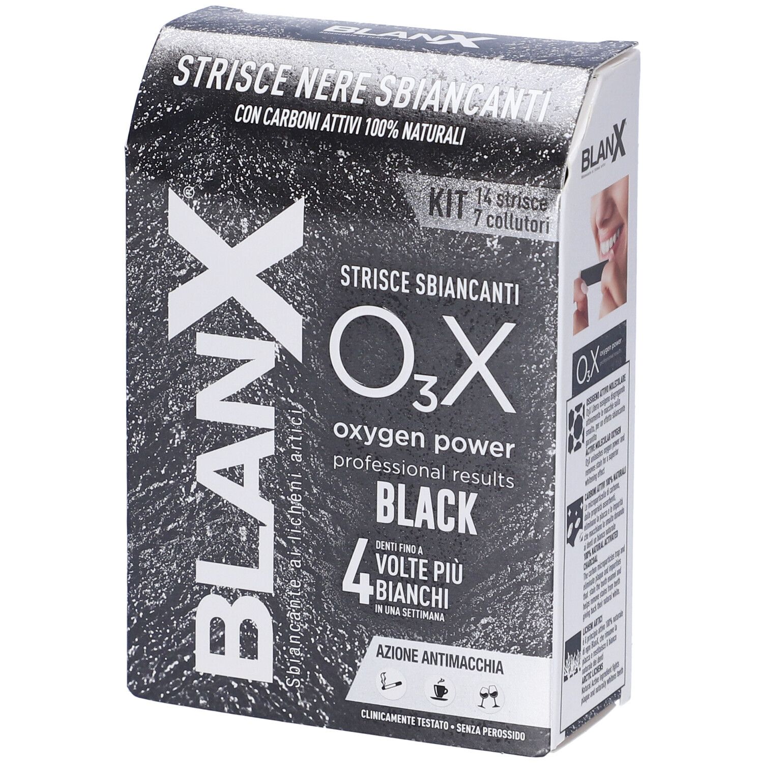 Strisce sbiancanti nere. Confezione con informazioni sul prodotto. Marchio Blanx, O3X Black. Contiene 14 strisce.