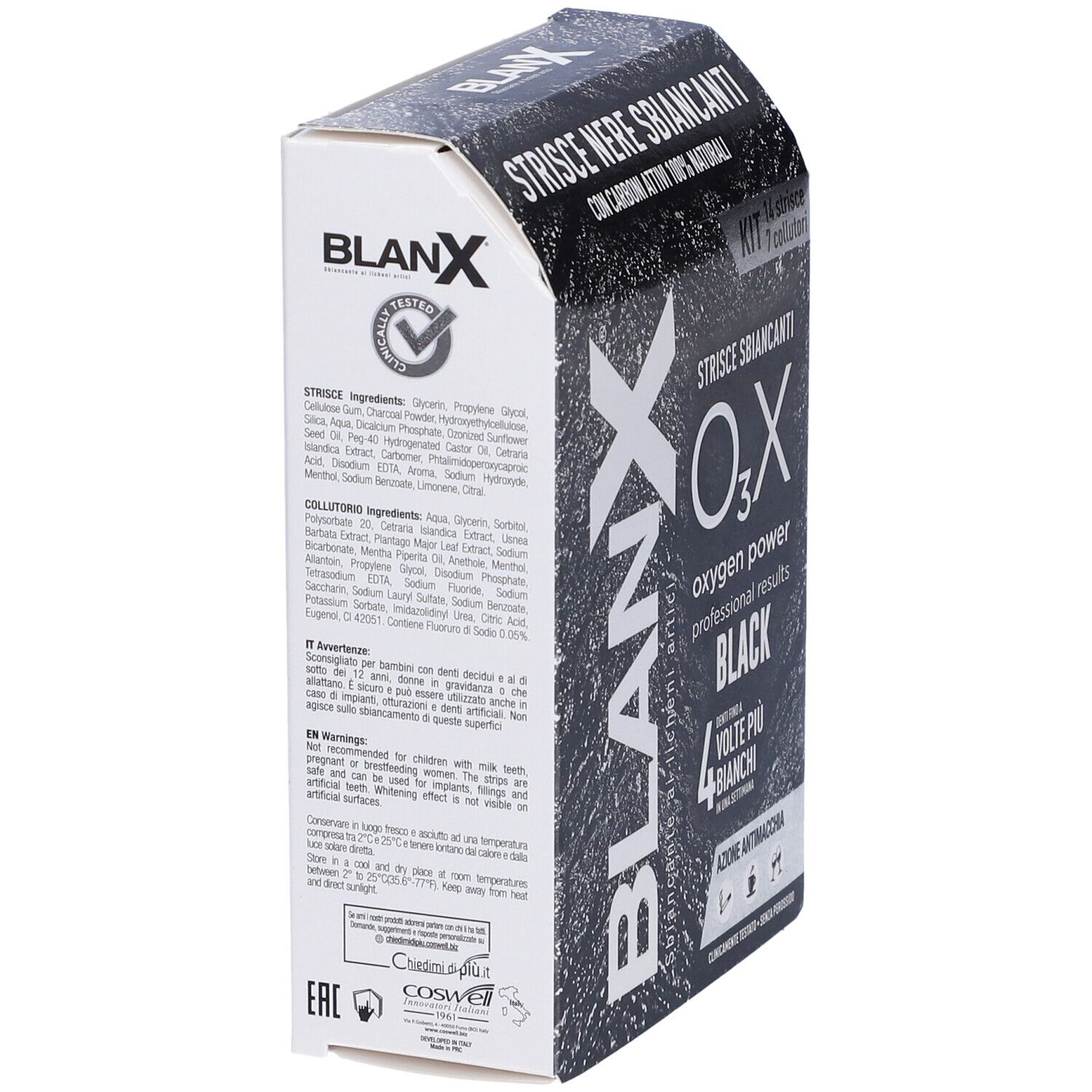 Retro della confezione con ingredienti e avvertenze. Marchio Blanx, O3X Black. Contiene 14 strisce.