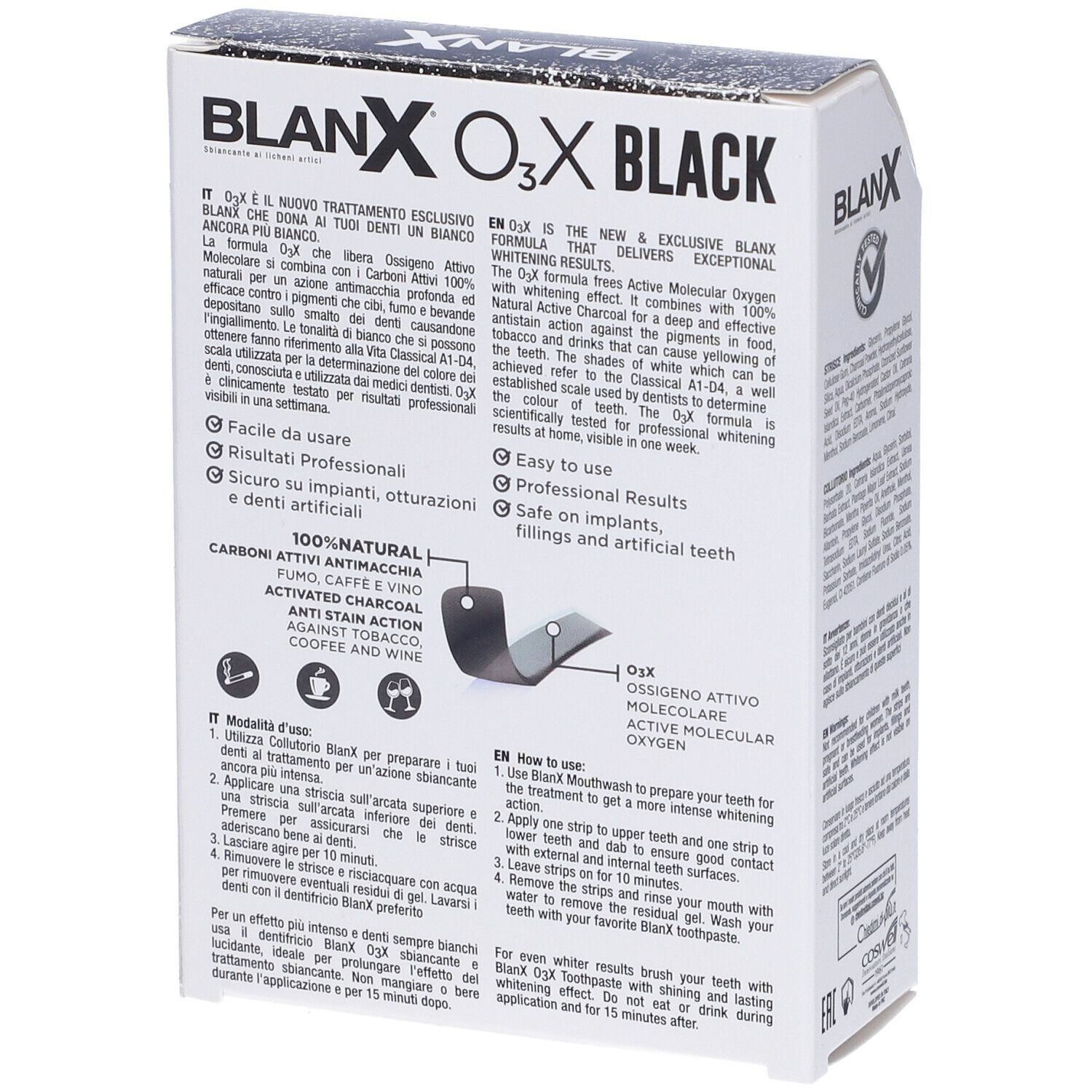 Confezione con informazioni sul prodotto. Marchio Blanx, O3X Black. Contiene 14 strisce. Istruzioni sul retro.