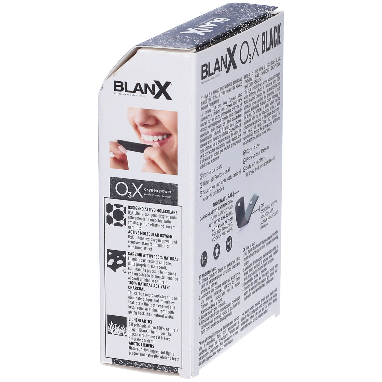 Confezione con informazioni sul prodotto. Marchio Blanx, O3X Black. Contiene 14 strisce. Istruzioni sul retro.
