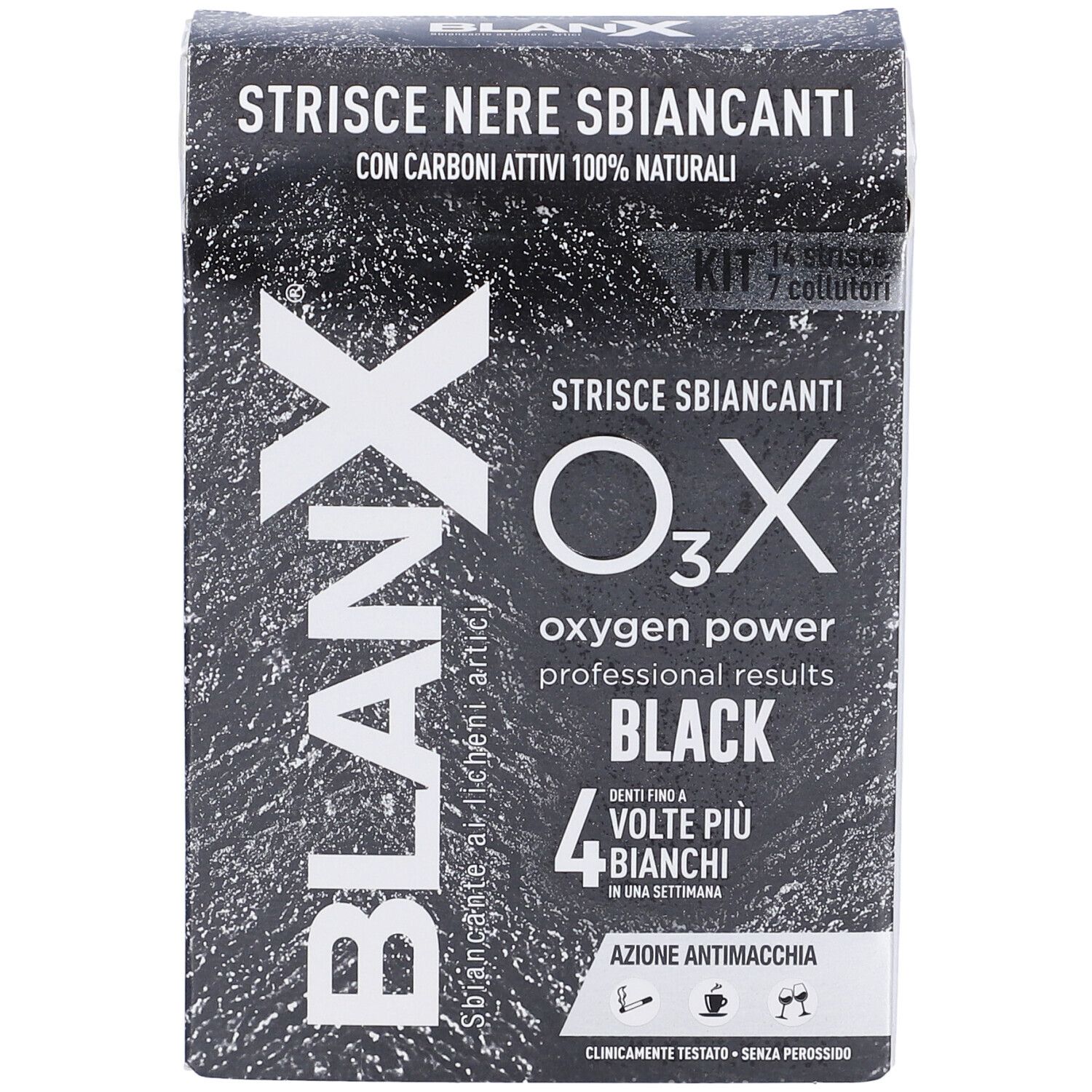 Strisce sbiancanti nere in scatola. Marchio Blanx, O3X Black. Contiene 14 strisce e 7 collutori.