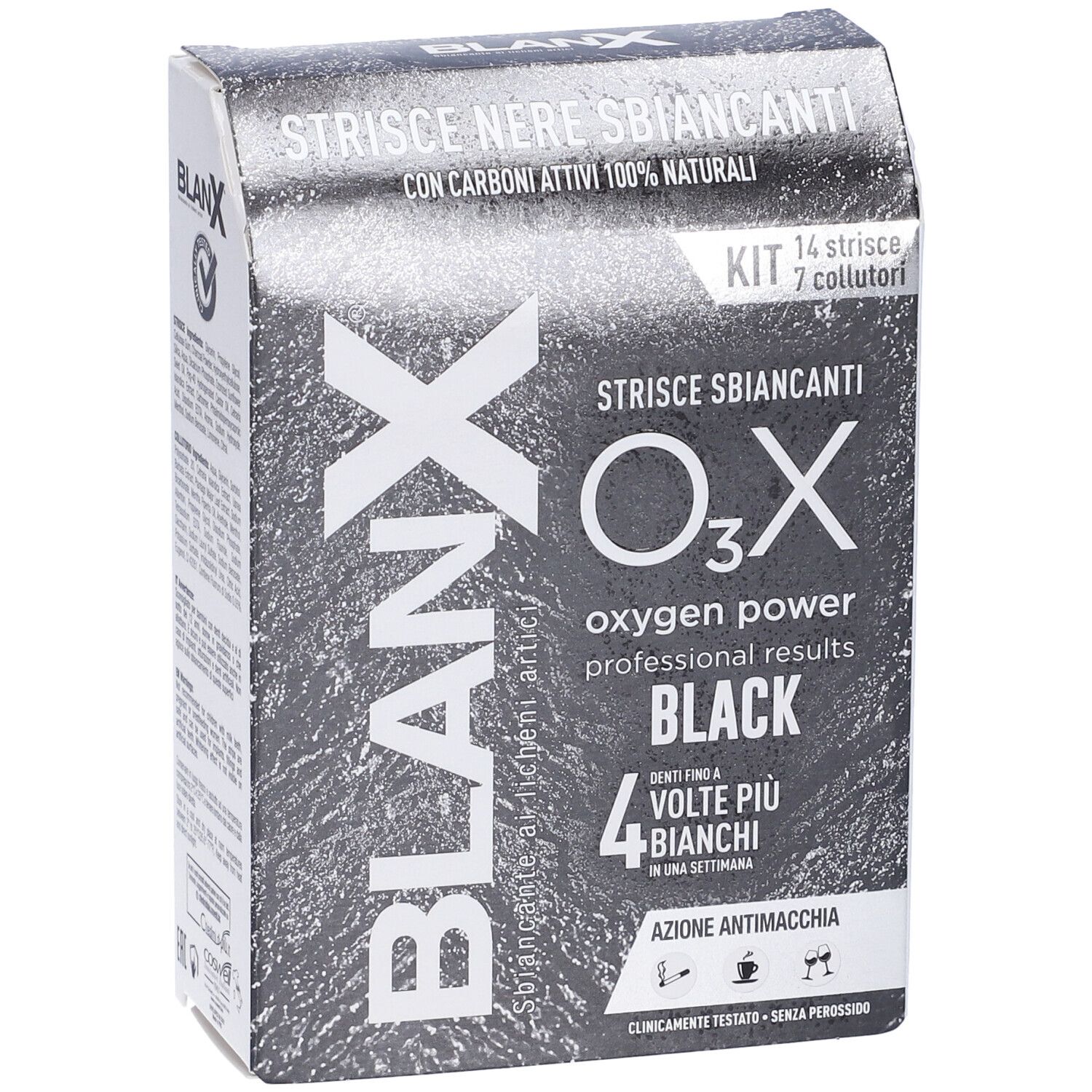 Strisce sbiancanti nere in scatola. Marchio Blanx, O3X Black. Contiene 14 strisce e 7 collutori.
