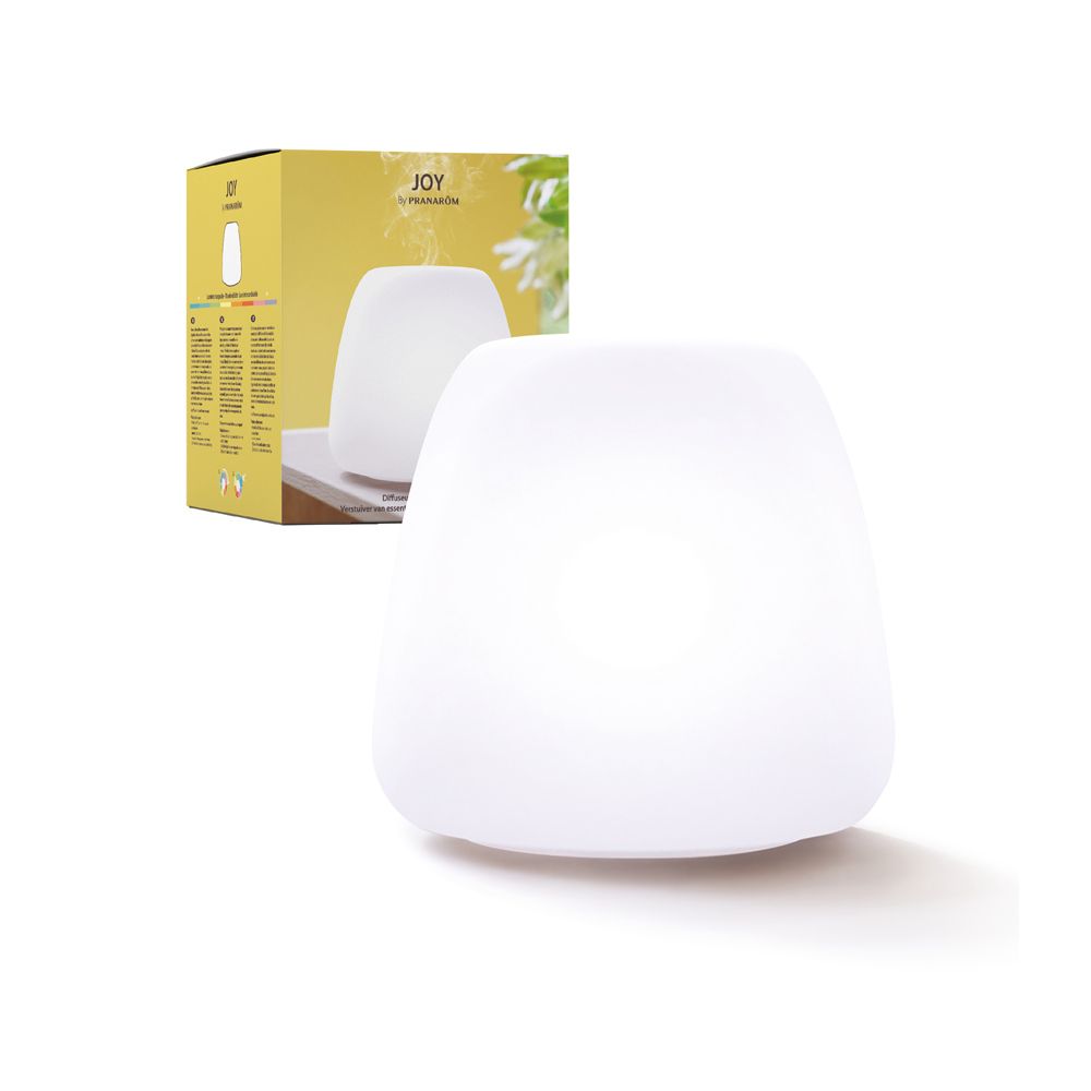 Diffusore bianco a forma di goccia. Sulla confezione sono visibili il nome JOY e il logo Pranarom.