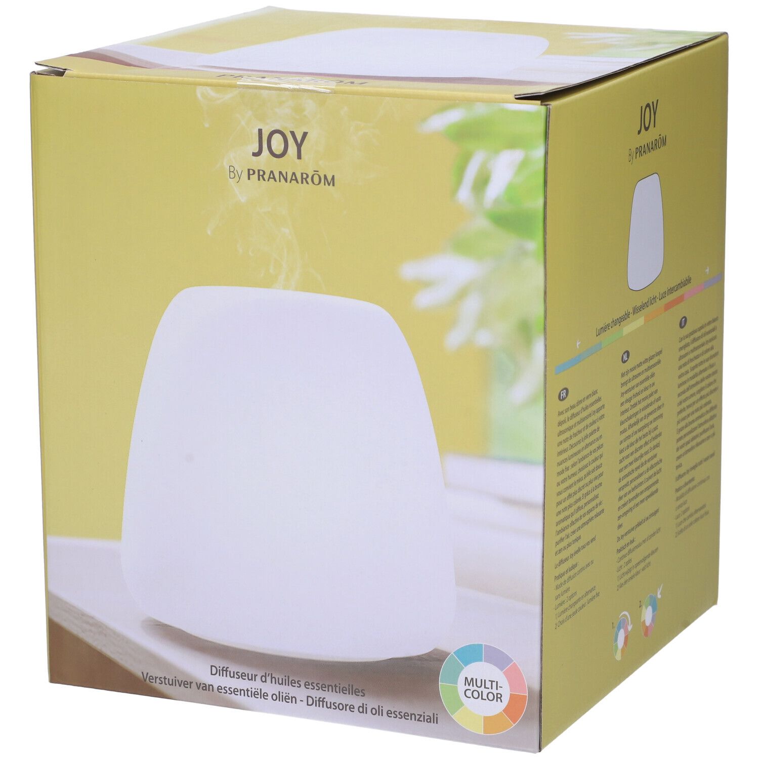 Confezione con diffusore bianco. Sulla confezione è scritto JOY by Pranarom. Luce multicolore.