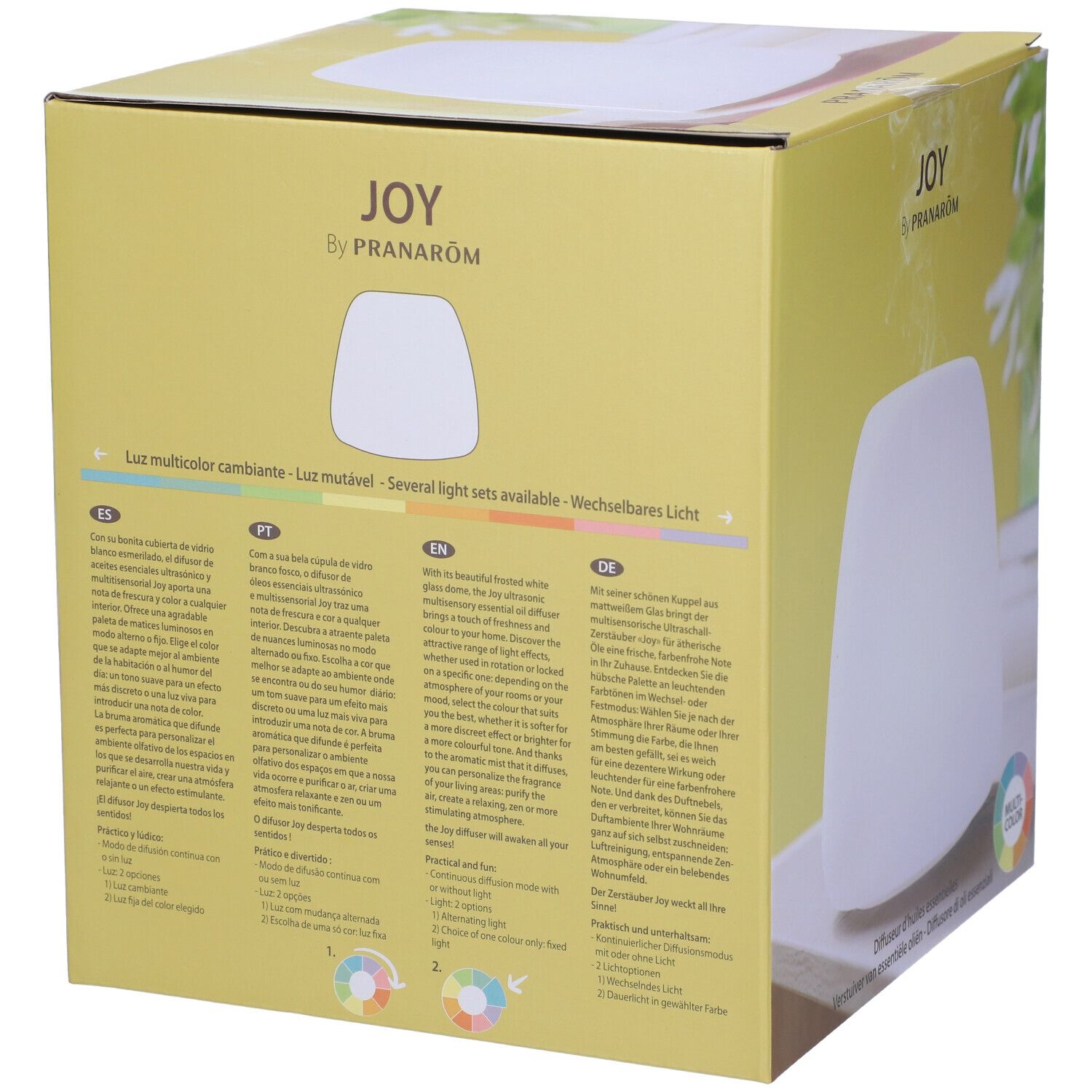 Confezione con diffusore bianco. Testo multilingue. JOY by Pranarom. Luce multicolore.
