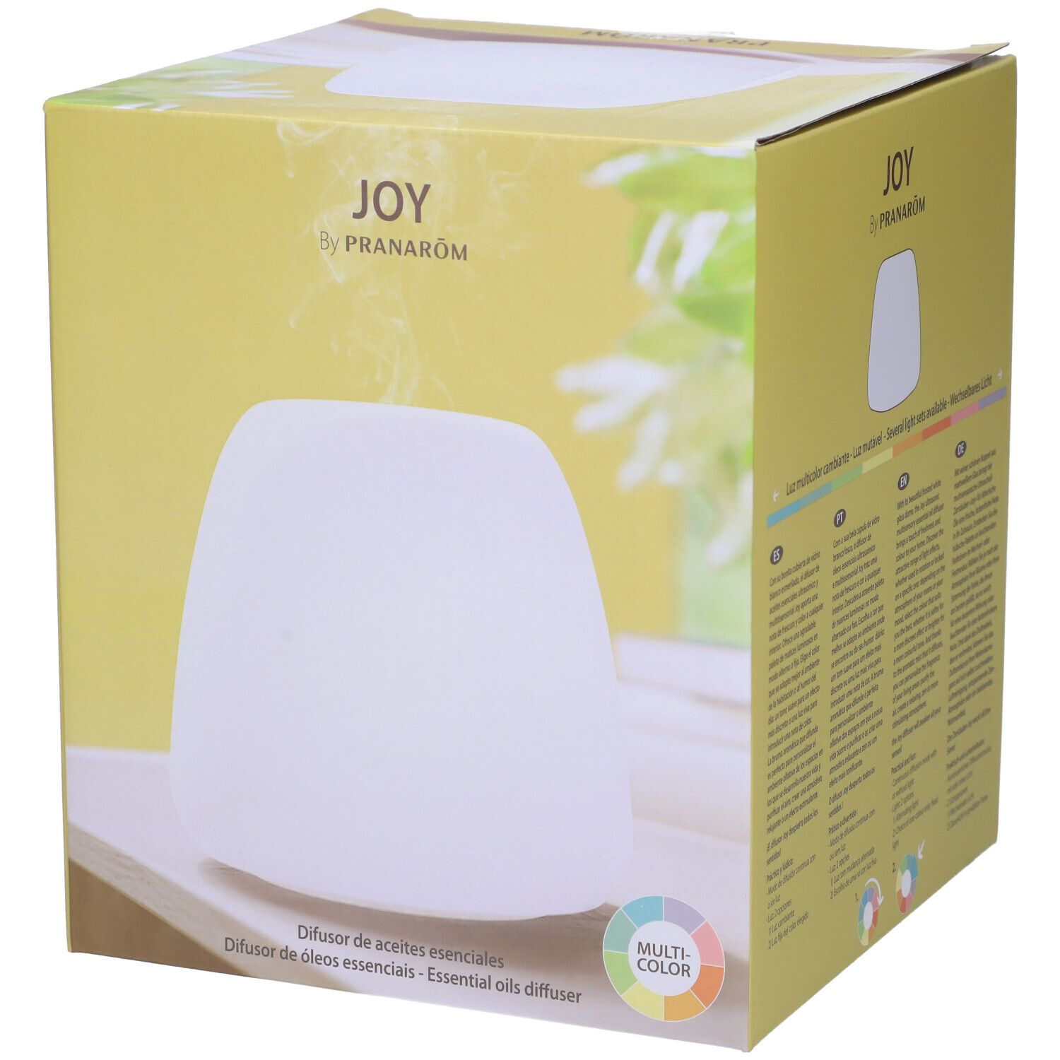 Confezione con diffusore bianco. JOY by Pranarom. Luce multicolore. Testo multilingue.