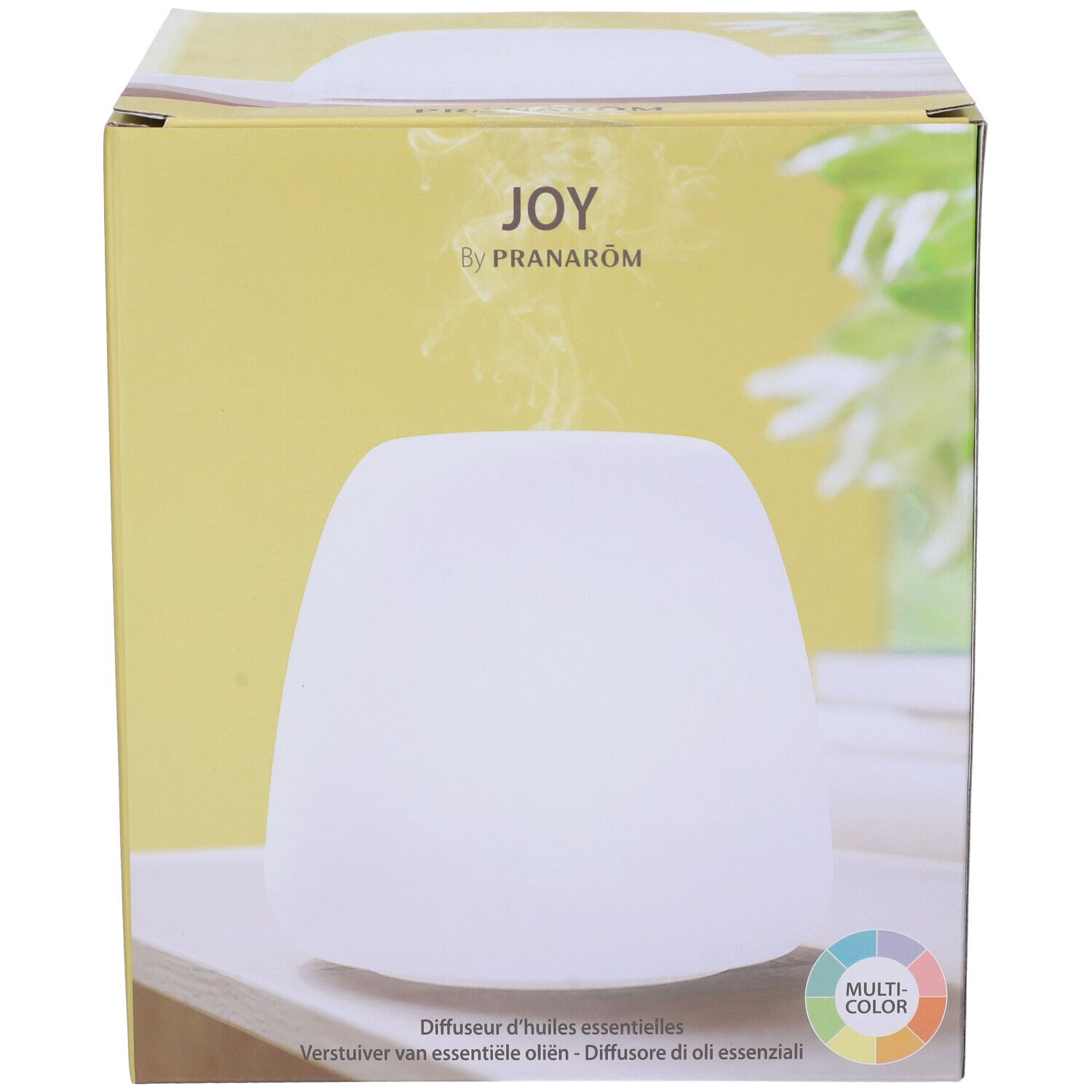 Confezione con diffusore bianco. JOY by Pranarom. Luce multicolore. Testo multilingue.