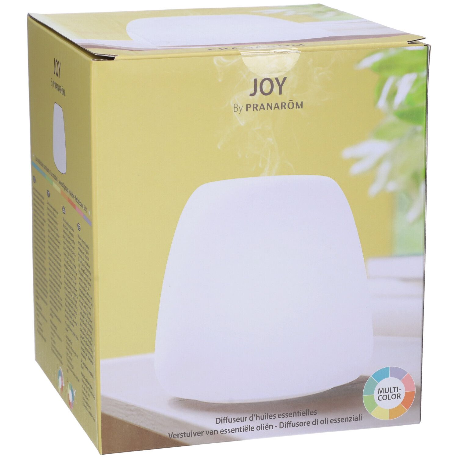 Confezione con diffusore bianco. JOY by Pranarom. Luce multicolore. Testo multilingue.