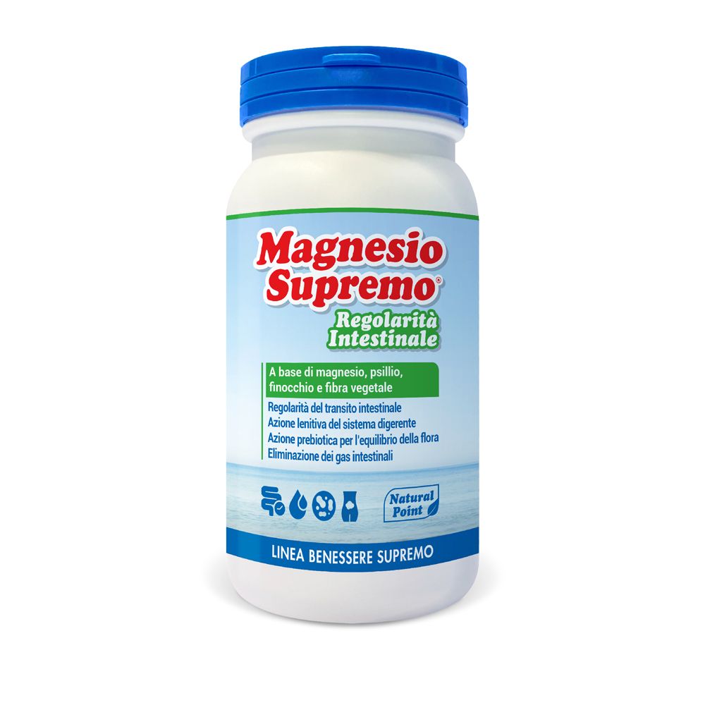 Flacone bianco, tappo blu. Scritta: Magnesio Supremo Regolarità Intestinale. Logo Natural Point.