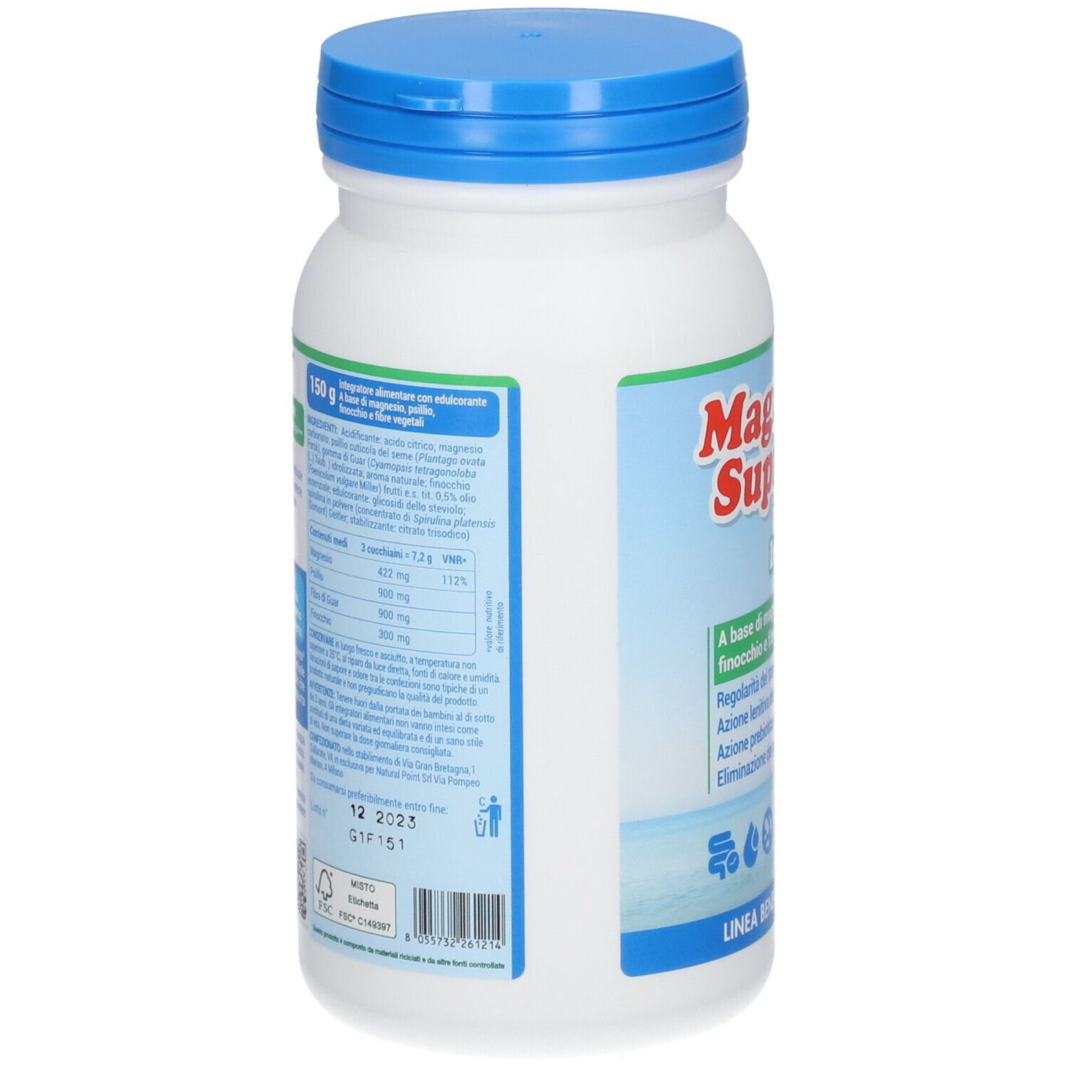 Retro del flacone. Scritta: Magnesio Supremo. Ingredienti, informazioni nutrizionali, scadenza.