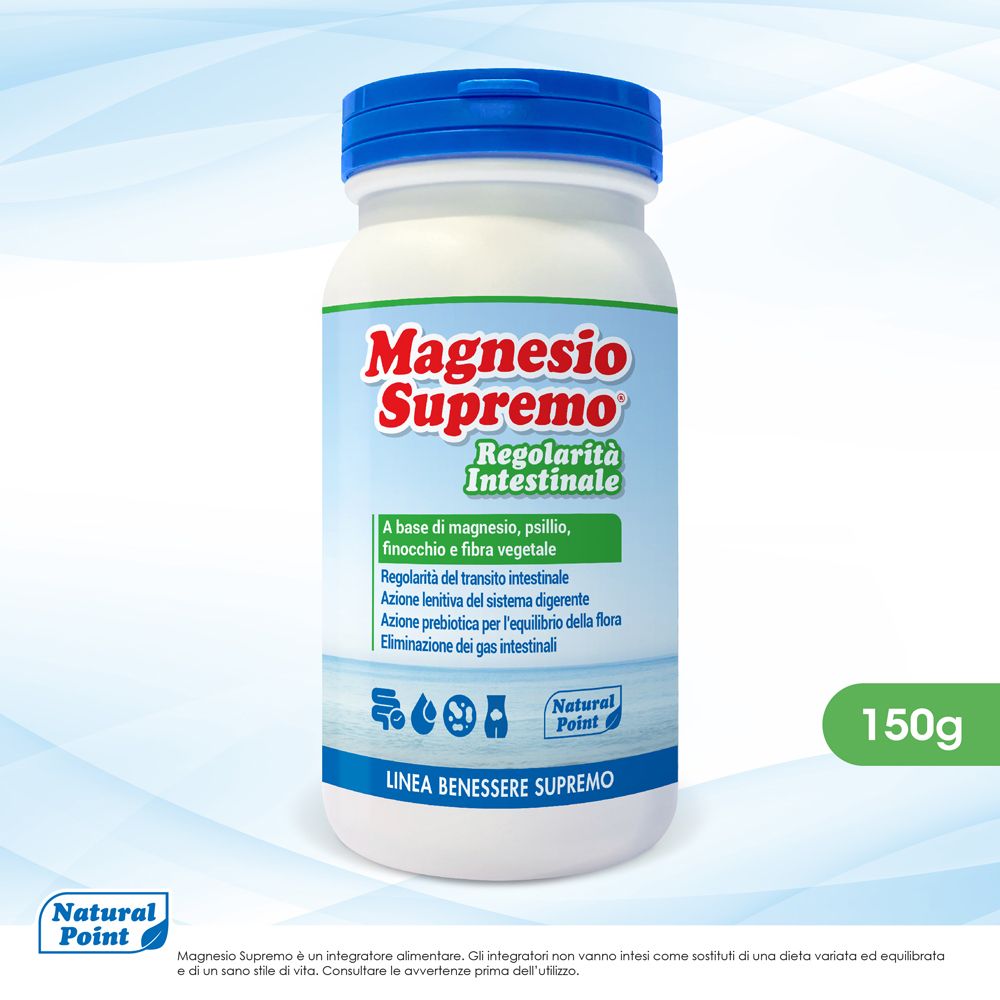 Flacone bianco, tappo blu. Scritta: Magnesio Supremo Regolarità Intestinale. 150g. Logo Natural Point.