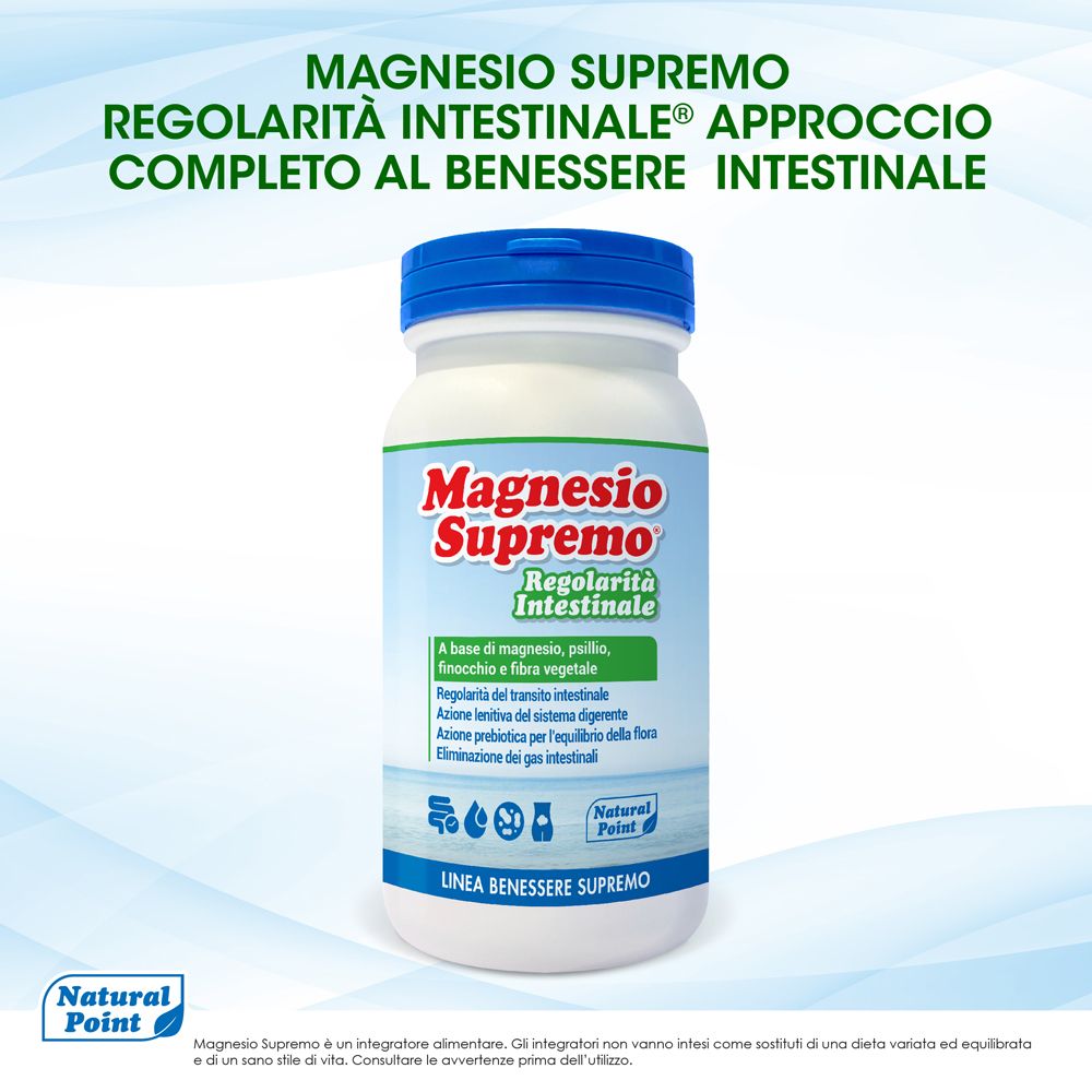 Flacone bianco, tappo blu. Scritta: Magnesio Supremo Regolarità Intestinale. Logo Natural Point.