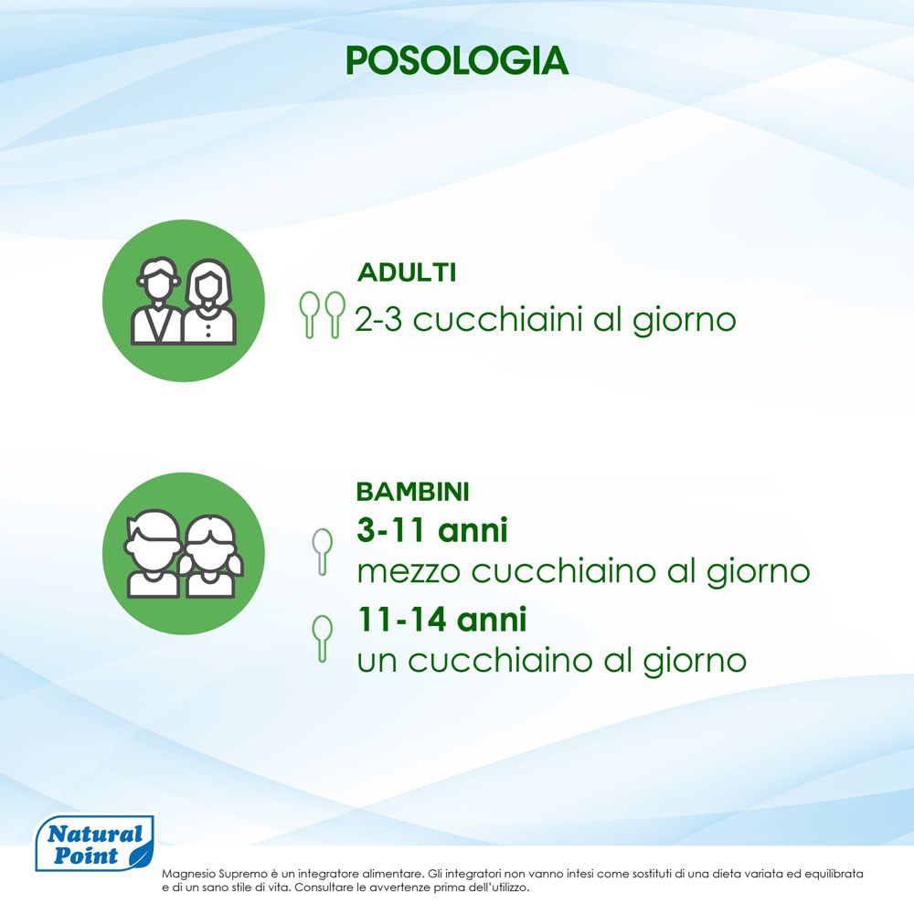 Posologia: Adulti 2-3 cucchiaini, bambini 3-11 anni: 1/2 cucchiaino, 11-14 anni: 1 cucchiaino.