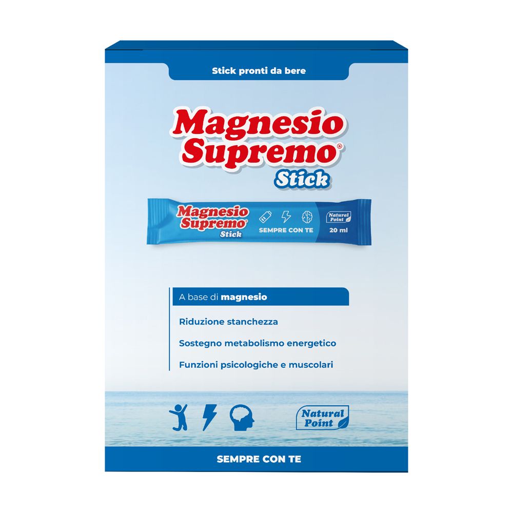Confezione blu e bianca con nome prodotto Magnesio Supremo. Stick singolo in primo piano. Testo: A base di magnesio.