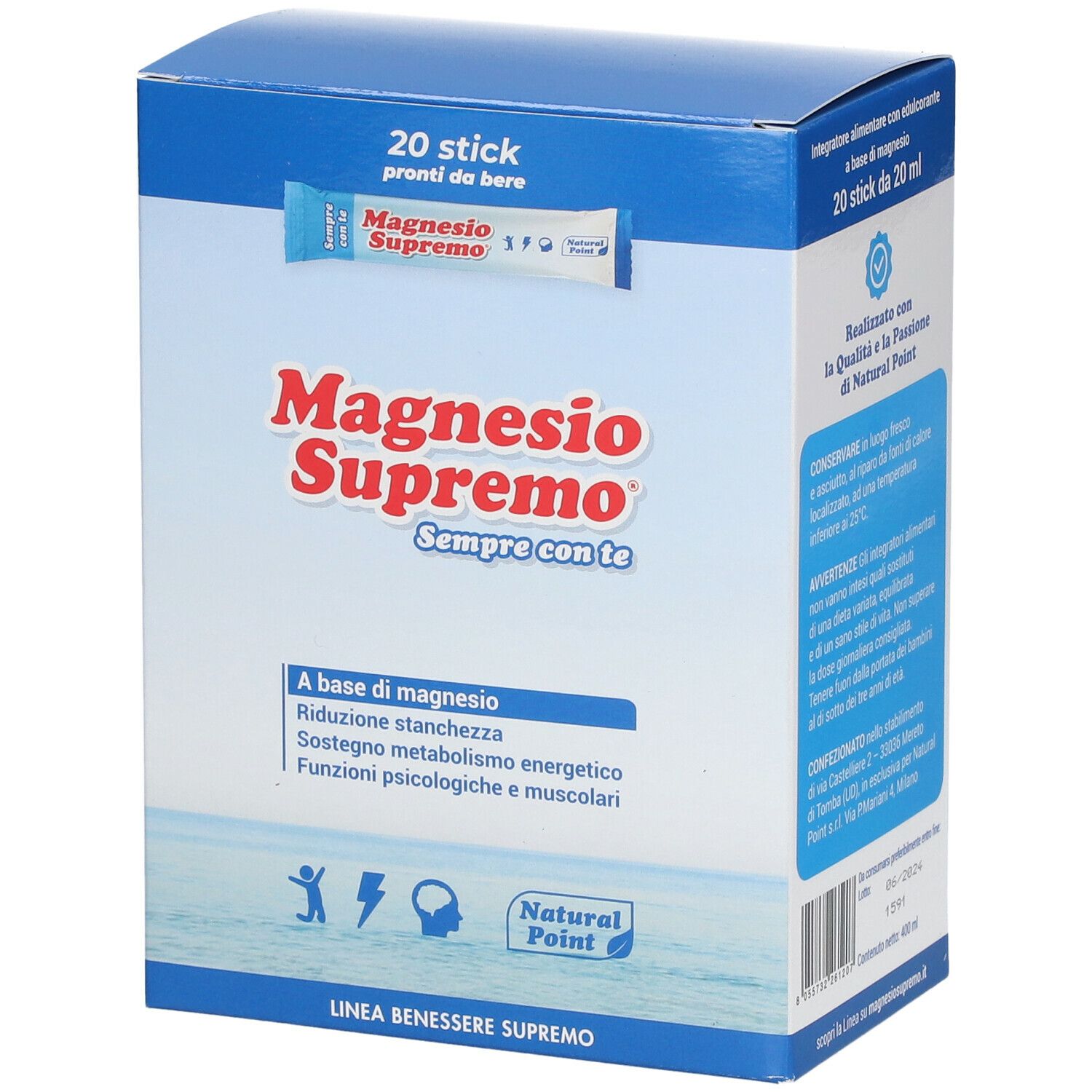 Scatola blu e bianca con Magnesio Supremo. 20 stick, testo: A base di magnesio, Reduzione stanchezza, Sostegno metabolismo energetico.