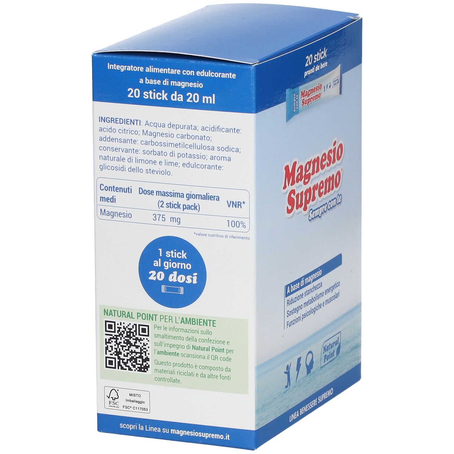 Retro della scatola Magnesio Supremo. Ingredienti, dosaggio, codice QR. Testo: 20 stick da 20 ml, 1 stick al giorno 20 dosi.