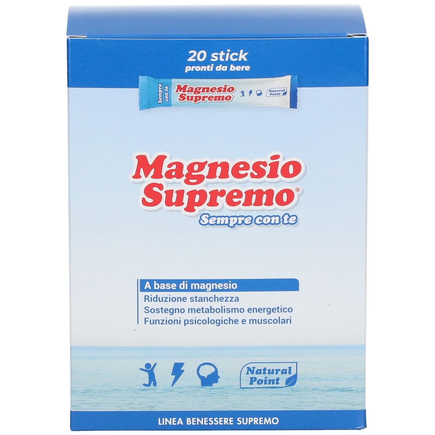 Confezione blu e bianca con nome prodotto Magnesio Supremo. 20 stick. Testo: A base di magnesio, Reduzione stanchezza, Sostegno metabolismo.