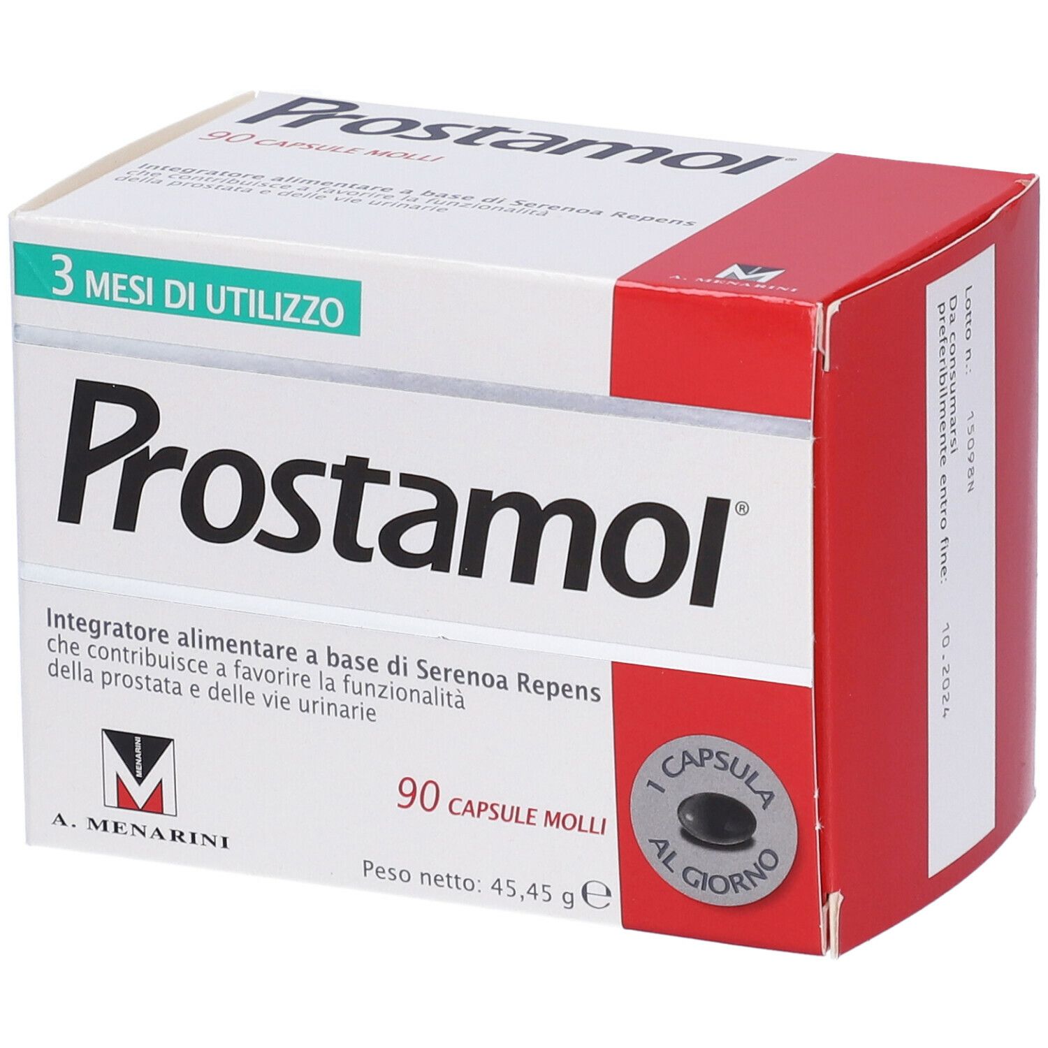 Scatola Prostamol®. 90 capsule. Testo: 3 mesi di utilizzo. Logo A. Menarini. Scadenza.