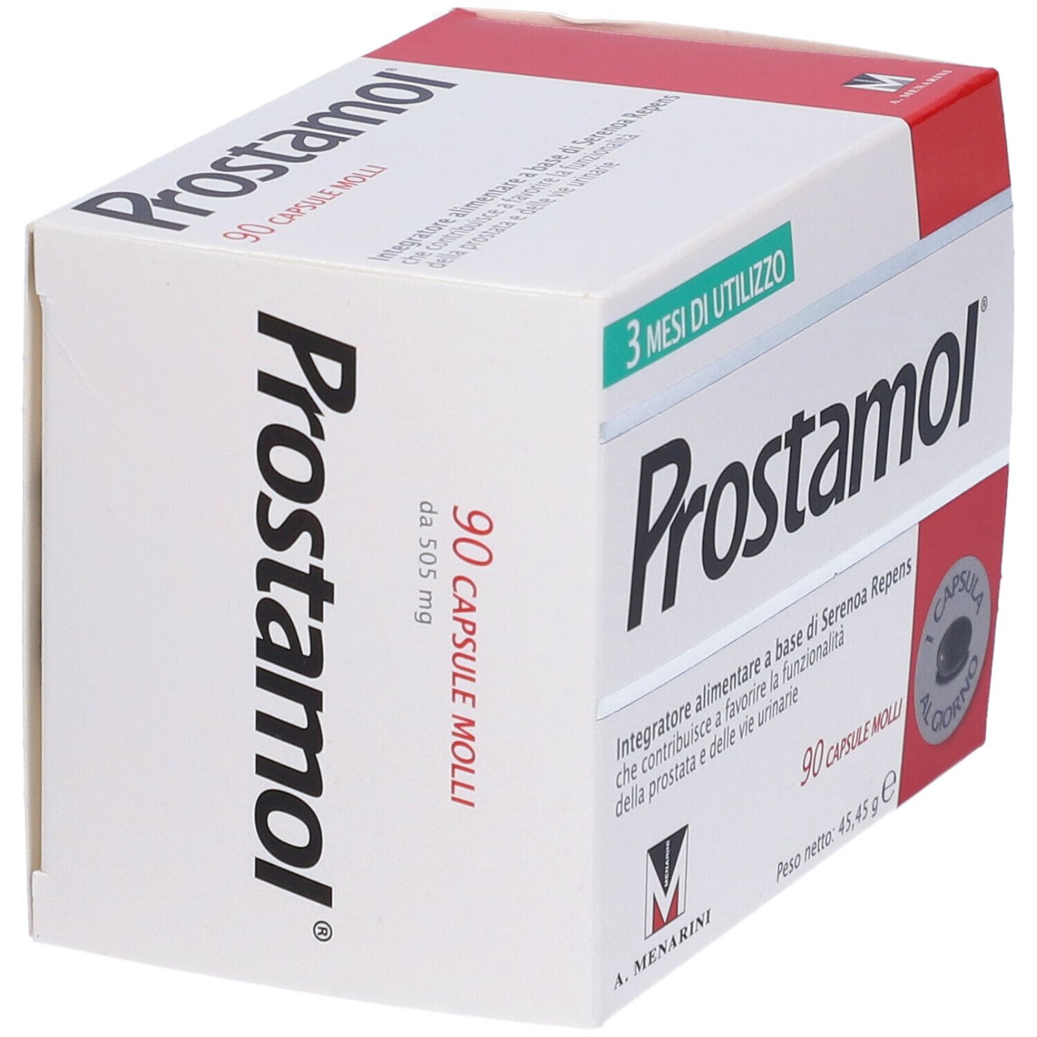 Scatola Prostamol®. 90 capsule. Testo sul lato. Logo A. Menarini. 3 mesi di utilizzo.