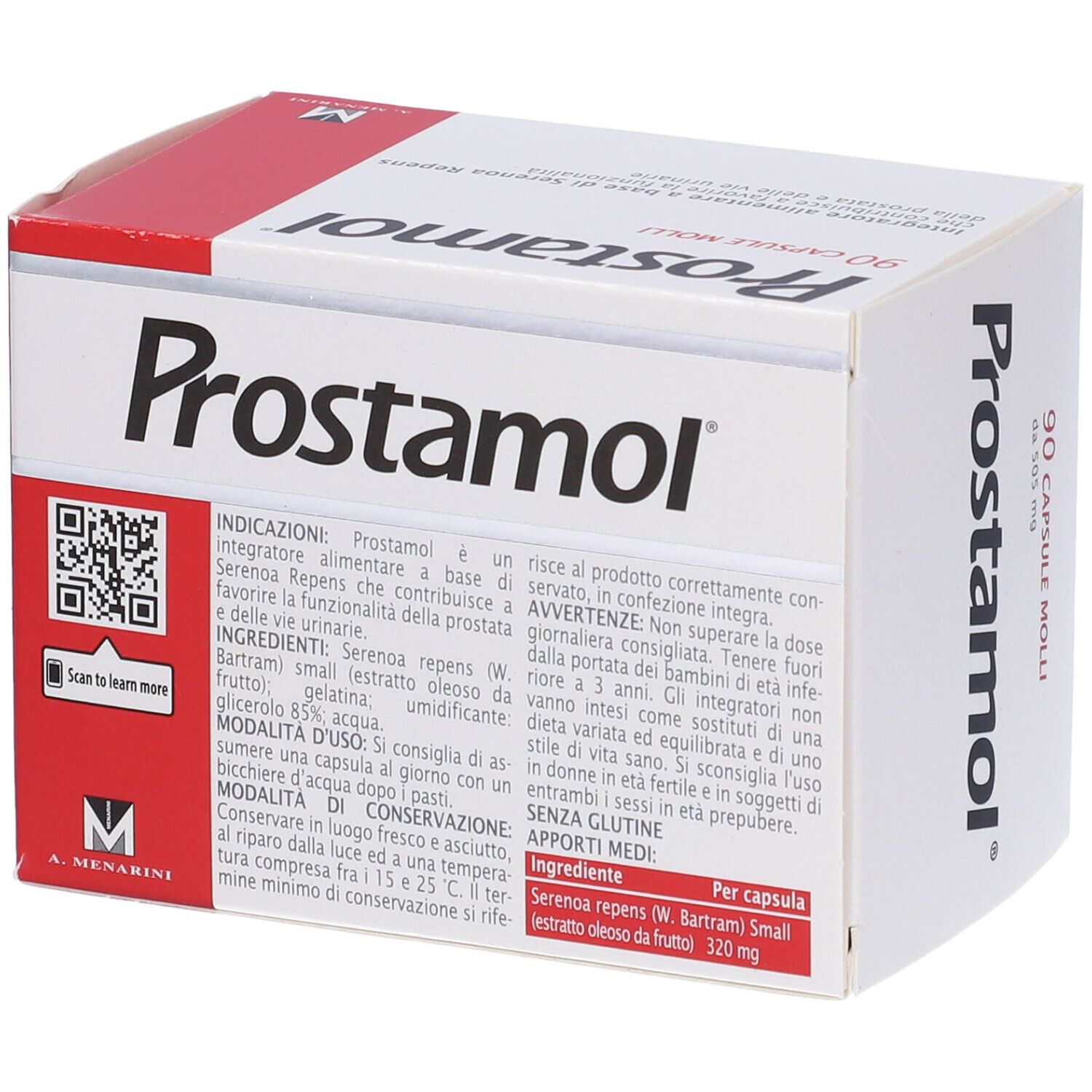 Scatola Prostamol®. 90 capsule. Testo sul lato. Logo A. Menarini. Ingredienti.