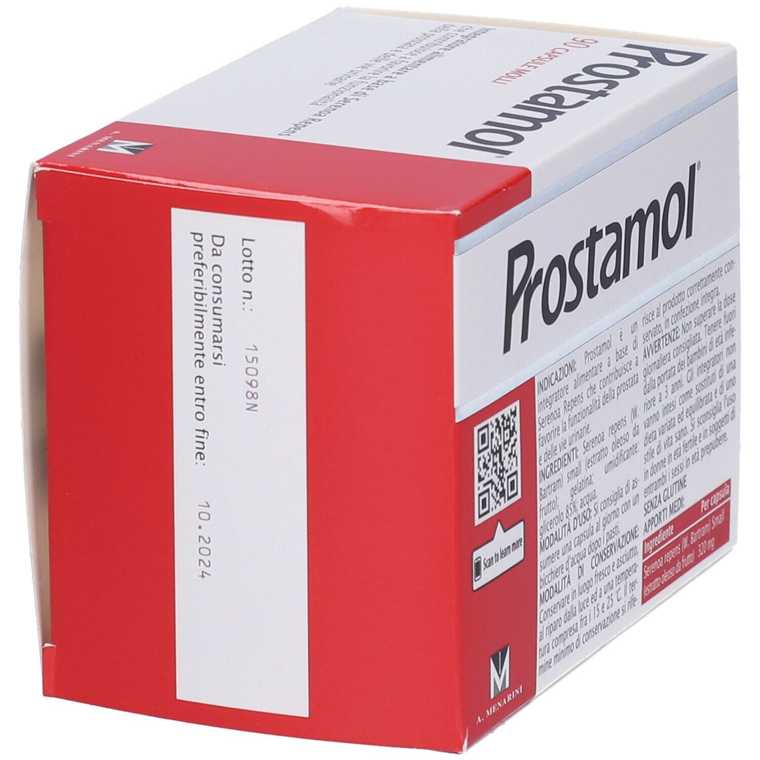 Scatola Prostamol®. 90 capsule. Testo: 3 mesi di utilizzo. Logo A. Menarini. Peso.