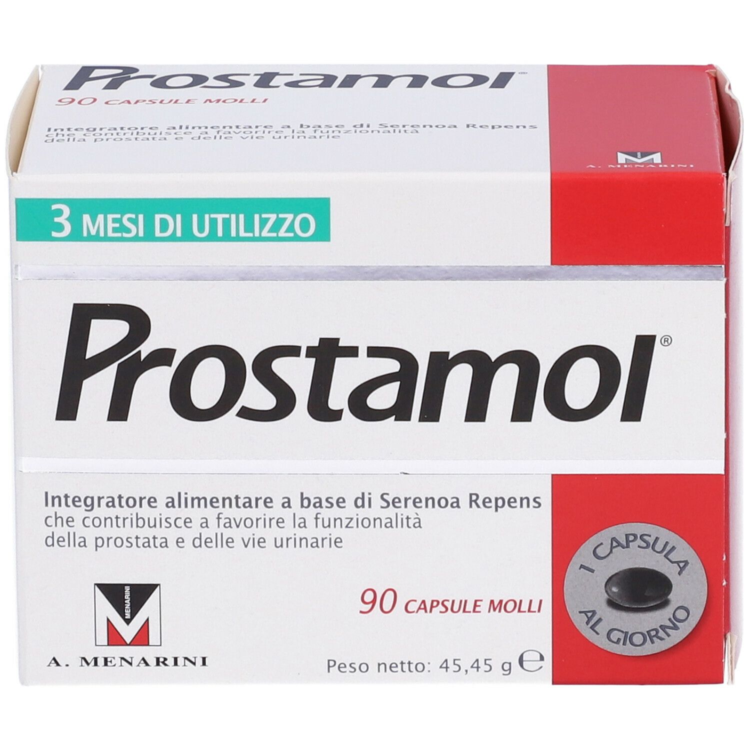 Scatola Prostamol®. 90 capsule. Testo: 3 mesi di utilizzo. Logo A. Menarini. Capsula.