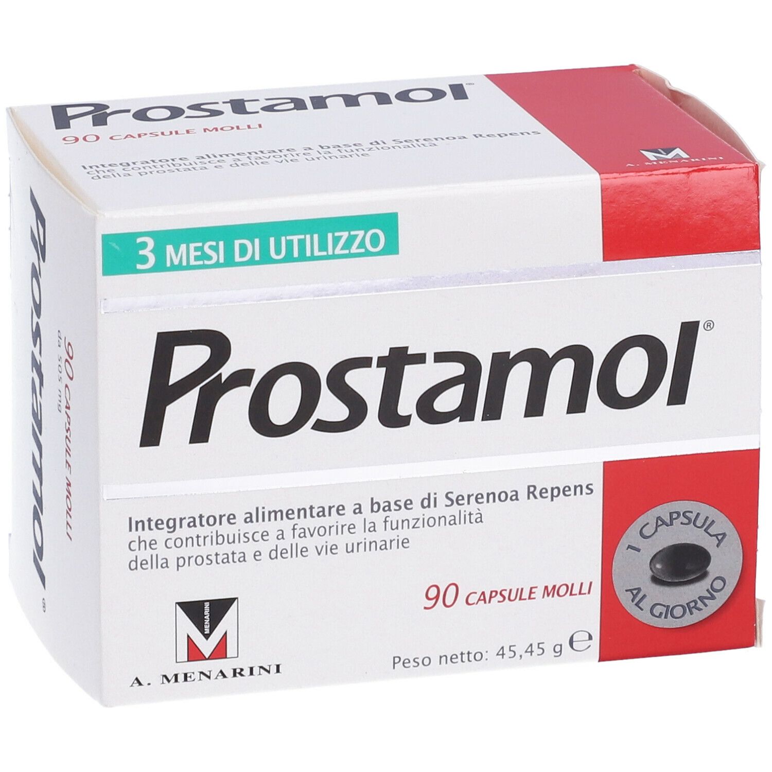 Scatola Prostamol®. 90 capsule. Testo: 3 mesi di utilizzo. Logo A. Menarini. Capsula.