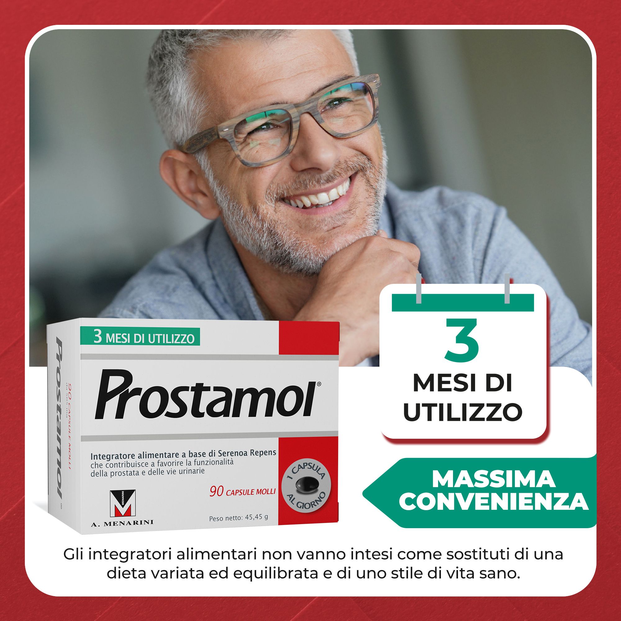 Scatola Prostamol®. Uomo con occhiali. Testo: 3 mesi di utilizzo. 90 capsule. Logo A. Menarini.