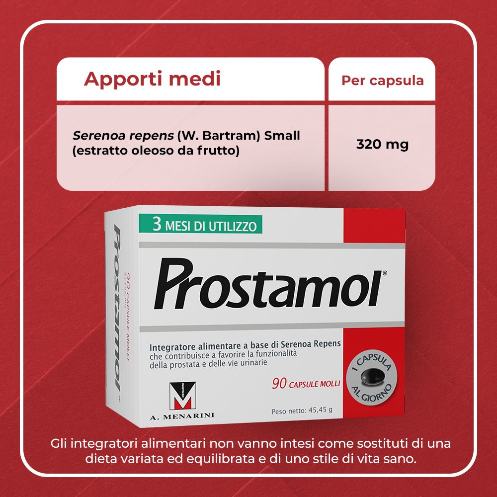Scatola Prostamol®. Testo: 3 mesi di utilizzo. 90 capsule. Ingredienti: Serenoa repens. 320 mg.