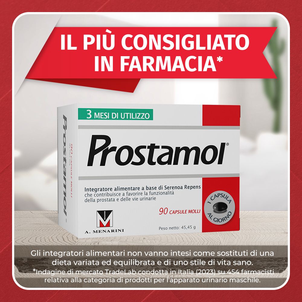 Scatola Prostamol®. Testo: 3 mesi di utilizzo. 90 capsule. Testo: Il più consigliato in farmacia.