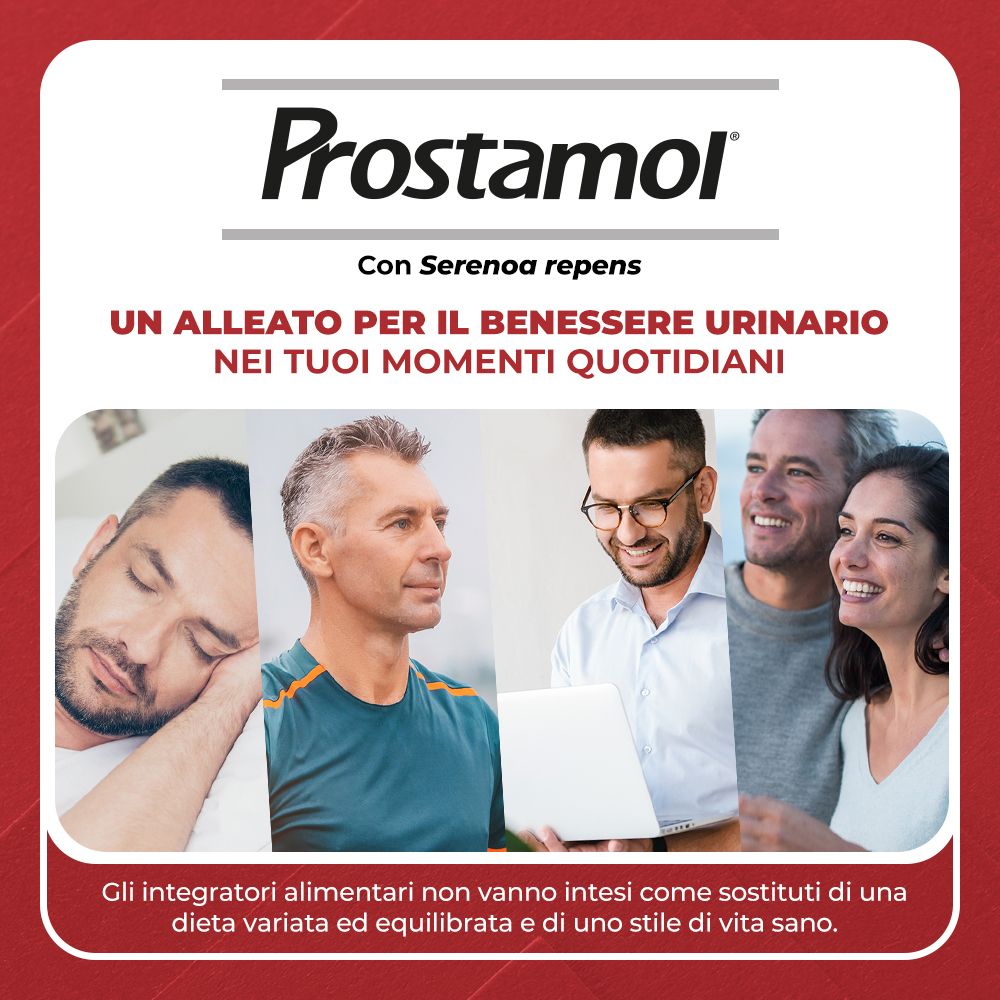 Scatola Prostamol®. Immagini di uomini e donne. Testo: Per il benessere urinario.