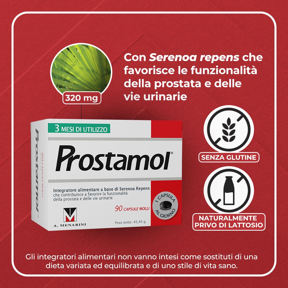 Scatola Prostamol®. Testo: 3 mesi di utilizzo. 90 capsule. Senza glutine. Senza lattosio.