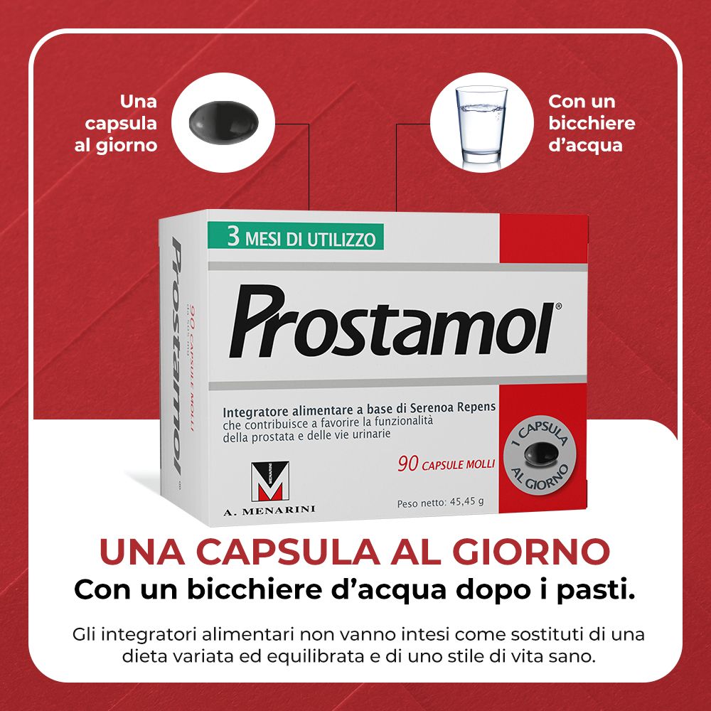 Scatola Prostamol®. Testo: 3 mesi di utilizzo. 90 capsule. Uso: 1 capsula con acqua.