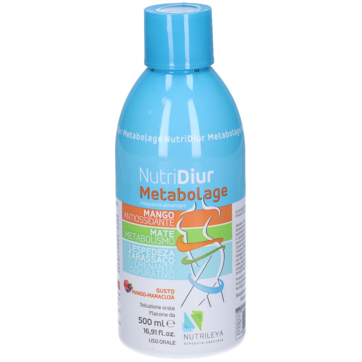 Bottiglia azzurra con stampa del prodotto. Scritta: NutriDiur Metabolage. Gusto mango-maracuja. 500 ml.