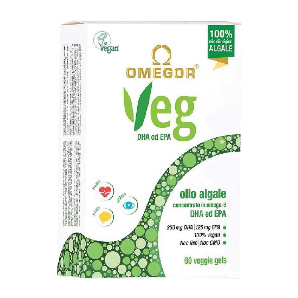 Boîte OMEGOR® Veg. Contient 60 gélules végétales. Inscription : DHA et EPA, 100% végétal, huile d'algues. Emballage vert et blanc.